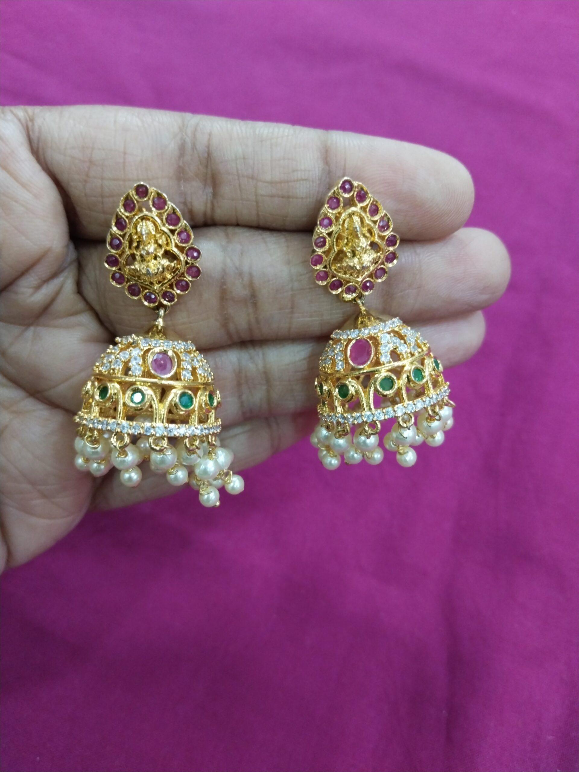 Antique Gold Temple Jhumka Earrings with Pink Stone & Pearl Dangling – South Indian Style