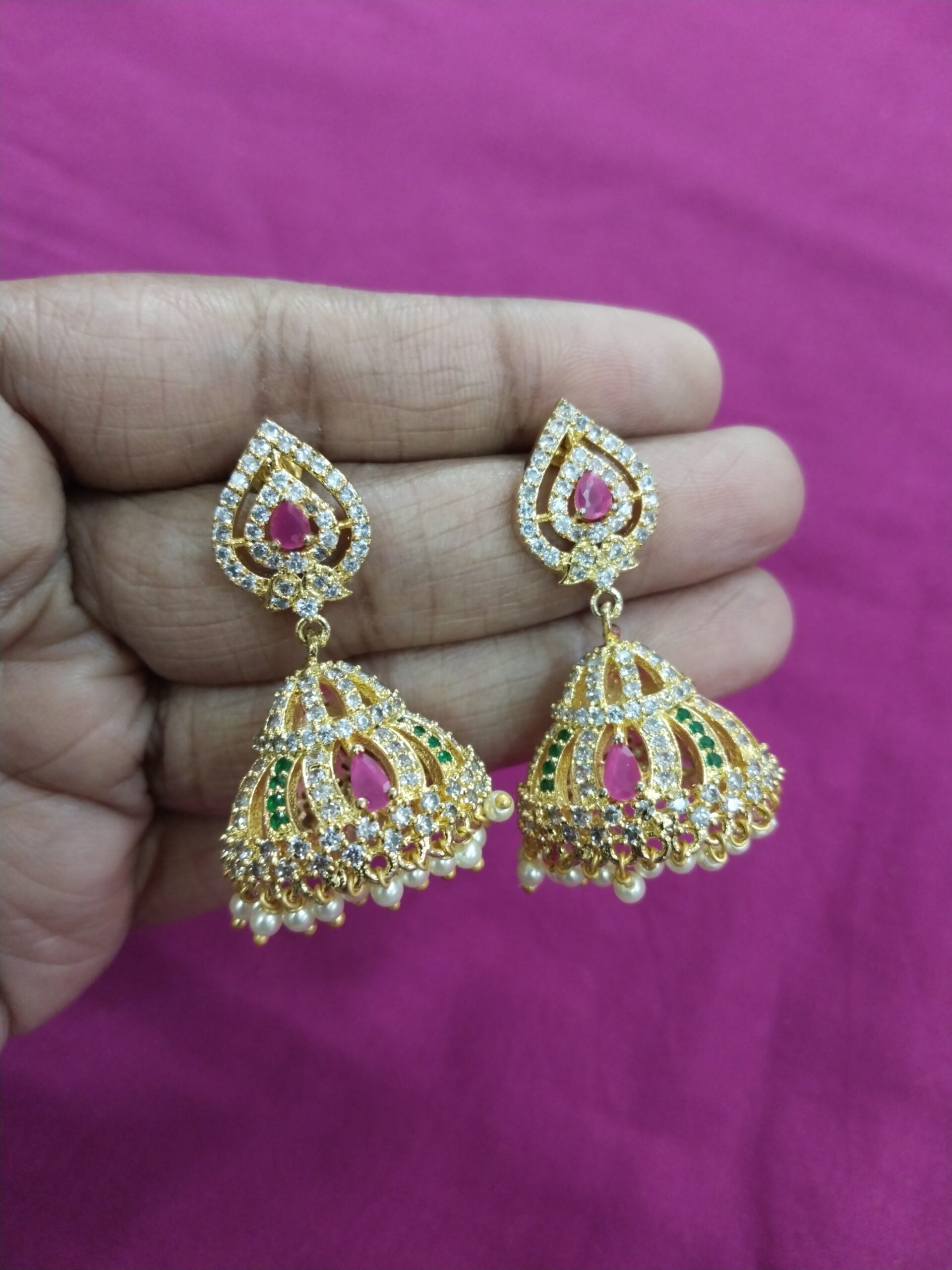 Kundan Teardrop Jhumka Earrings with Golden Mesh & Pink Stone – Bridal & Party Wear
