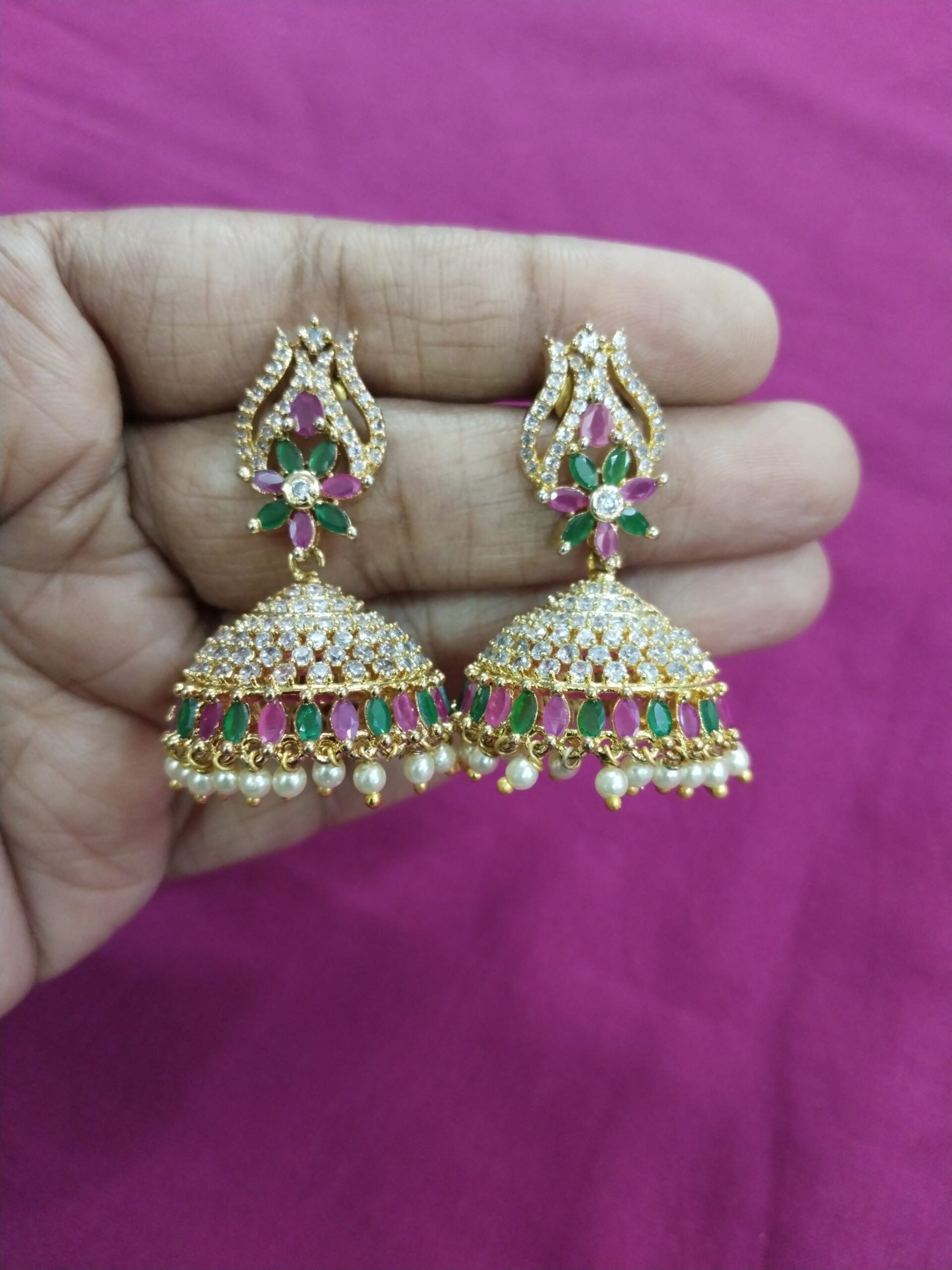 Pearl Dome Jhumka Earrings with Green & Pink Stonework – Traditional Indian Jewelry