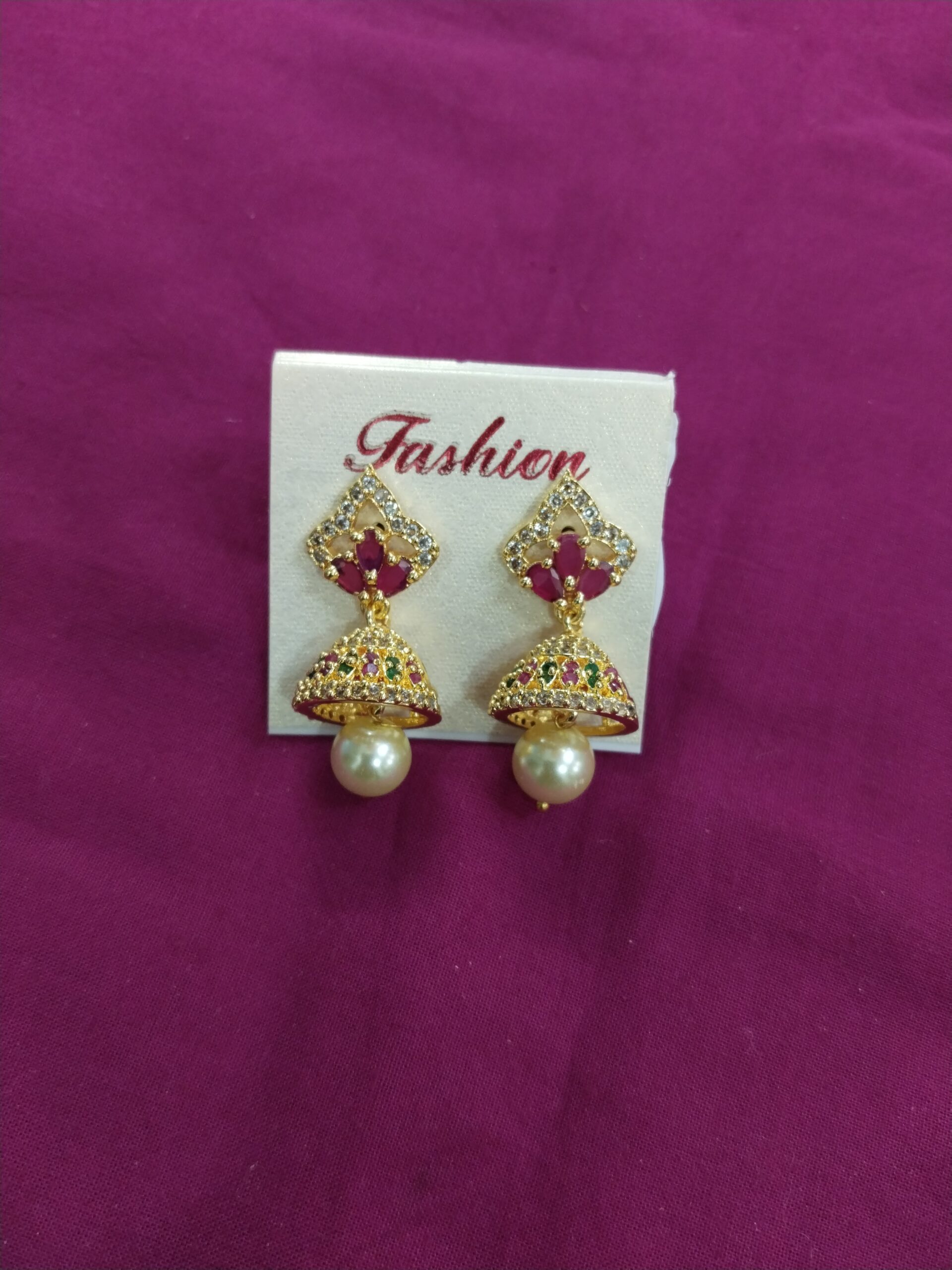Bridal Style Pink and White Jhumkas with Pearl Dangling Drop