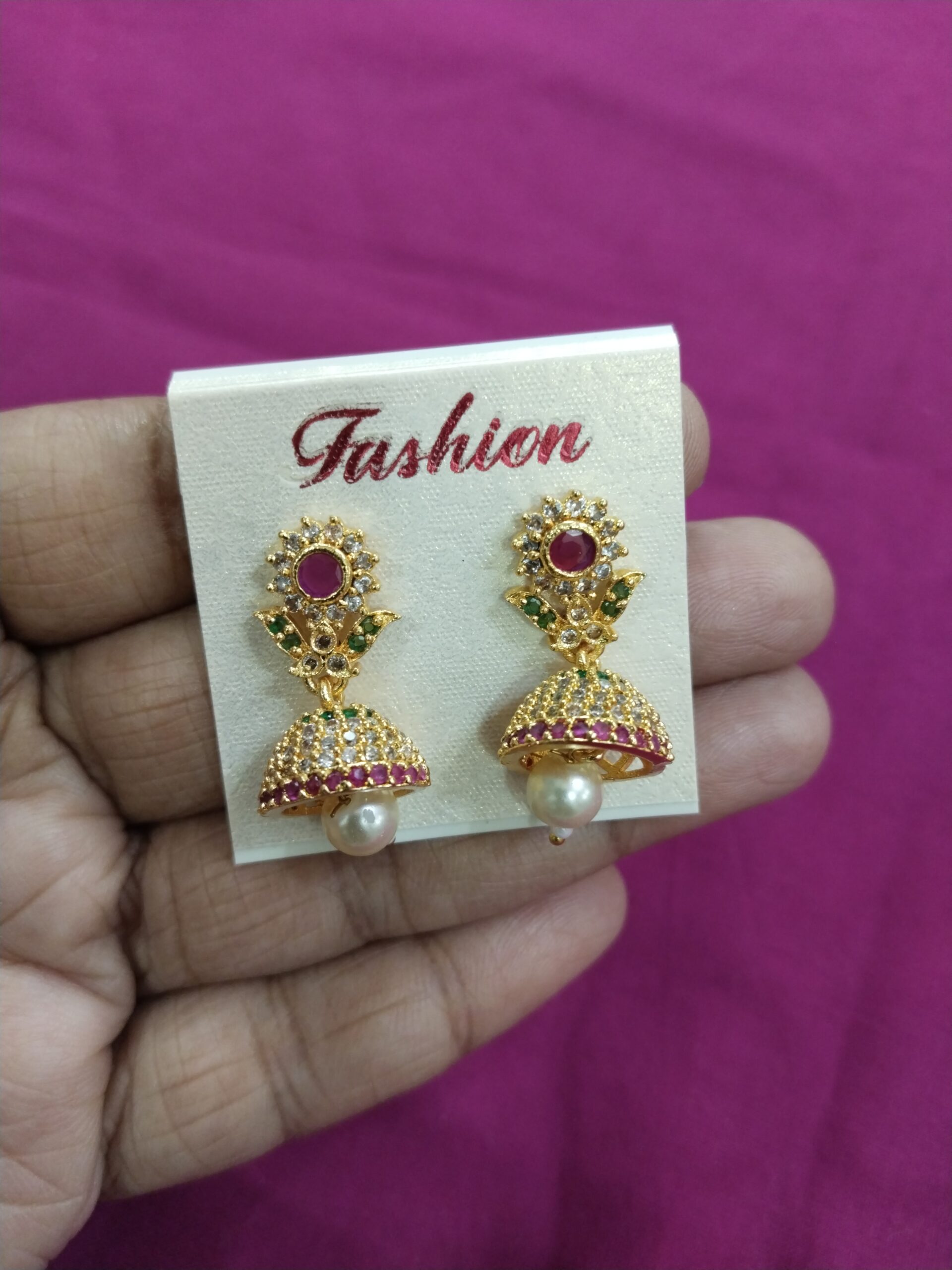 Designer Indian Jhumkas in Gold Finish with Multicolor Stones