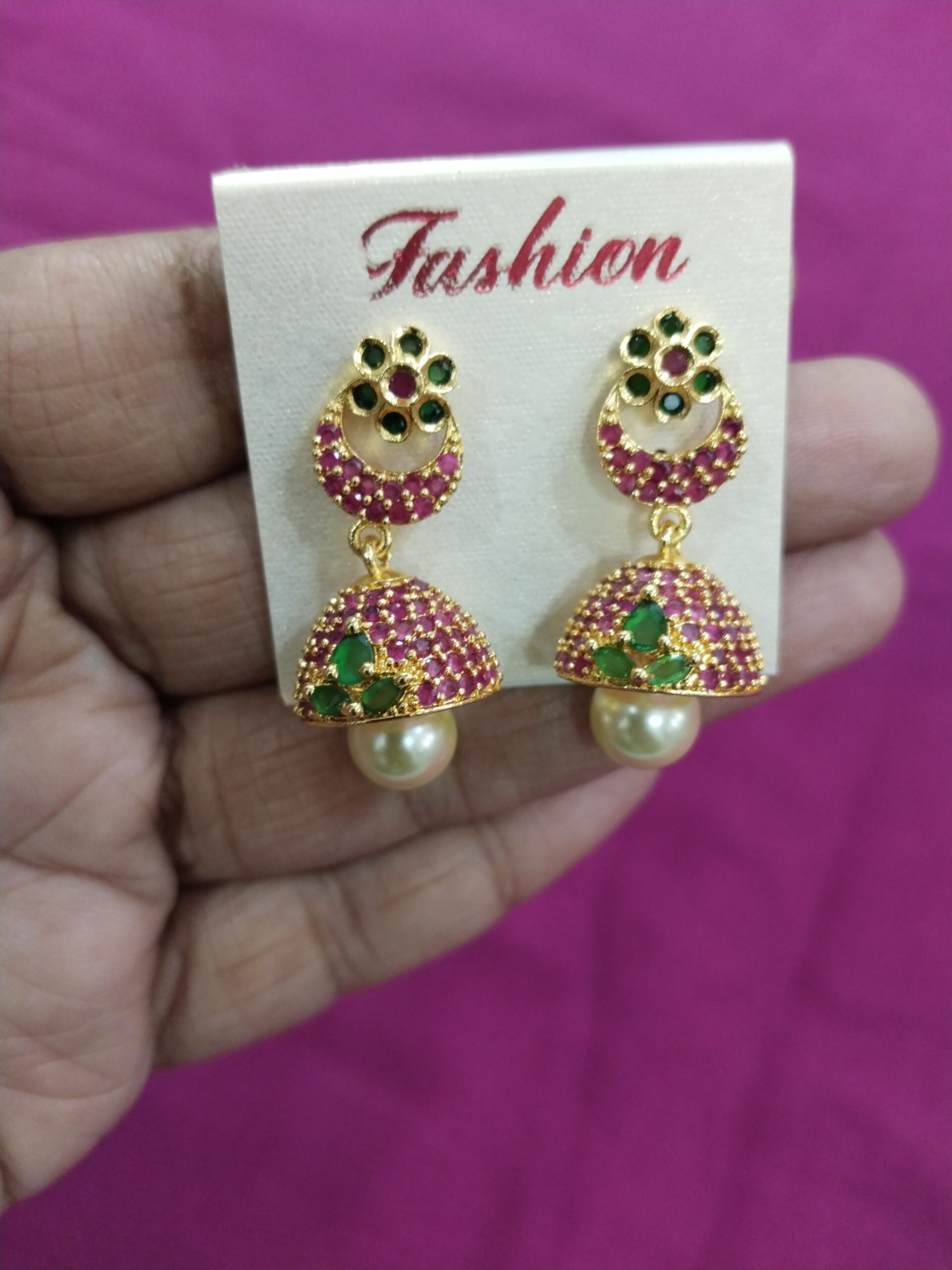 Traditional Jhumka Earrings with Pink & Green Stones and Pearl Drop