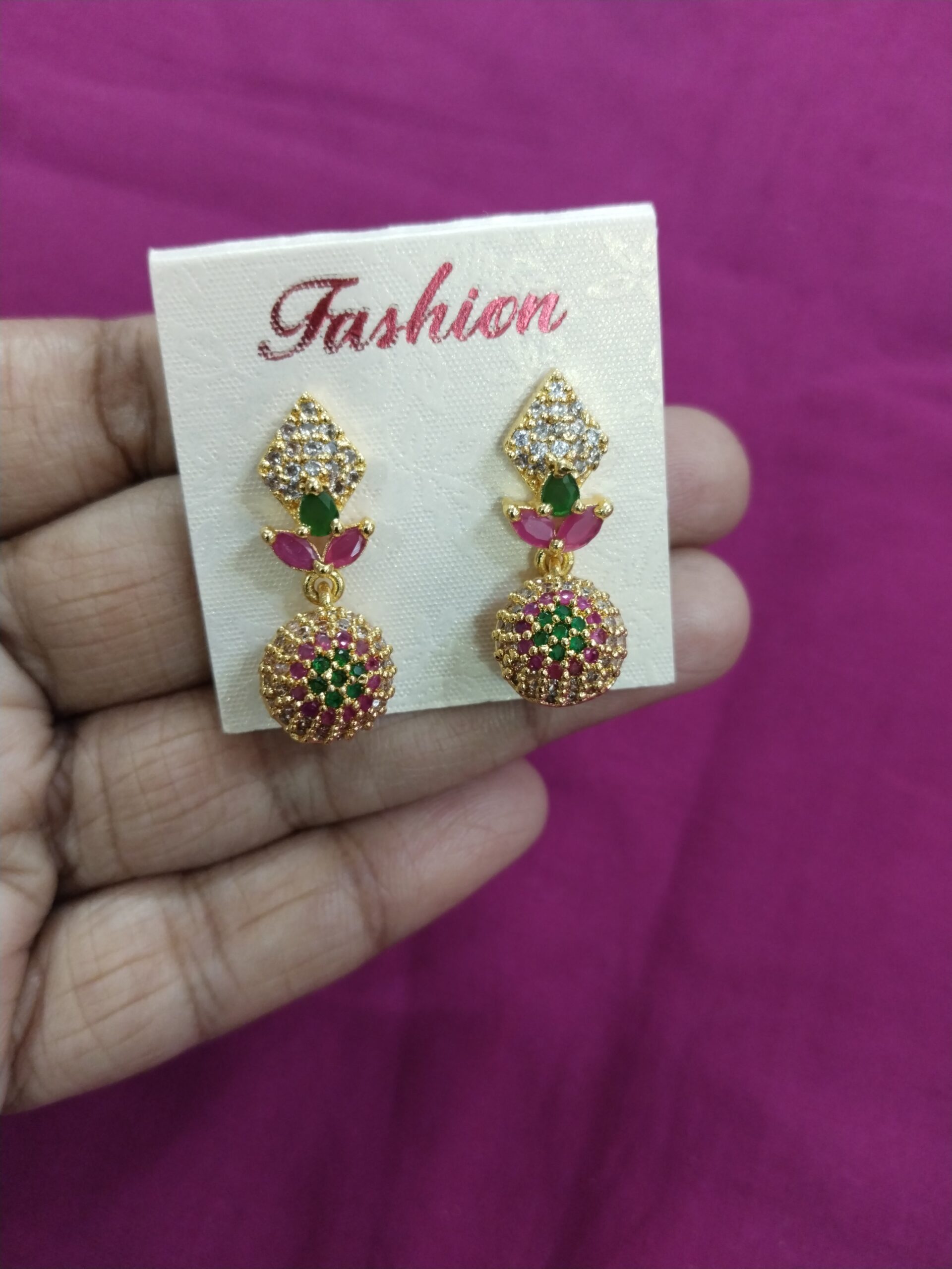 Gold Plated Jhumka Earrings with Pink, Green Stones & Pearl Drop