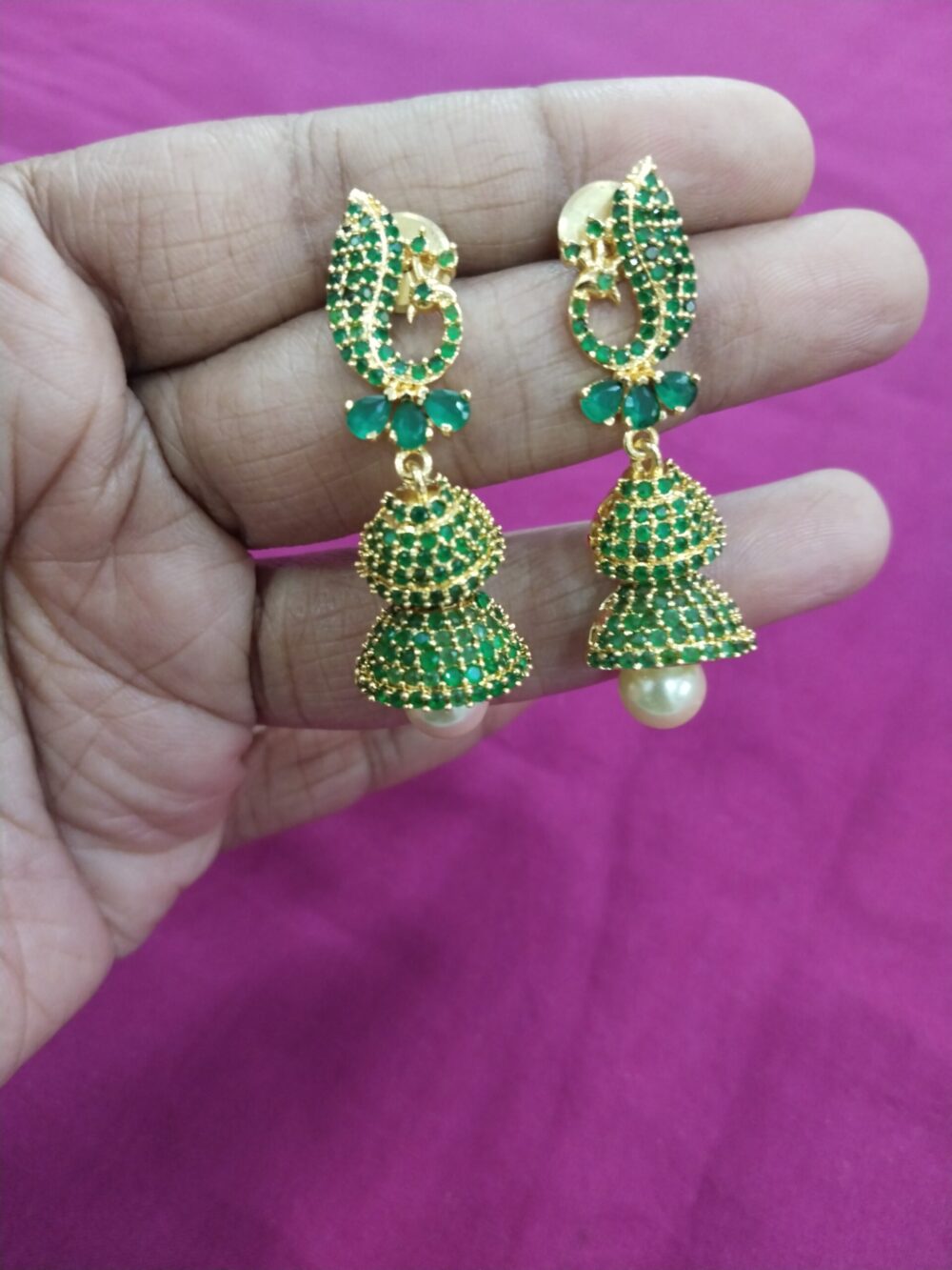 Stone Double Jhumka Earrings | Gold Plated with Pearl Drop - Image 4