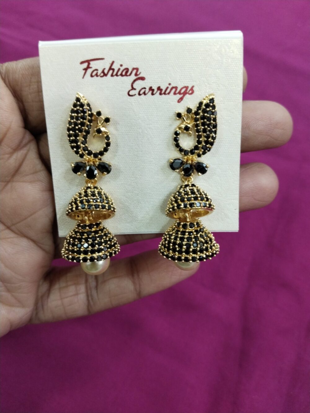 Stone Double Jhumka Earrings | Gold Plated with Pearl Drop - Image 2