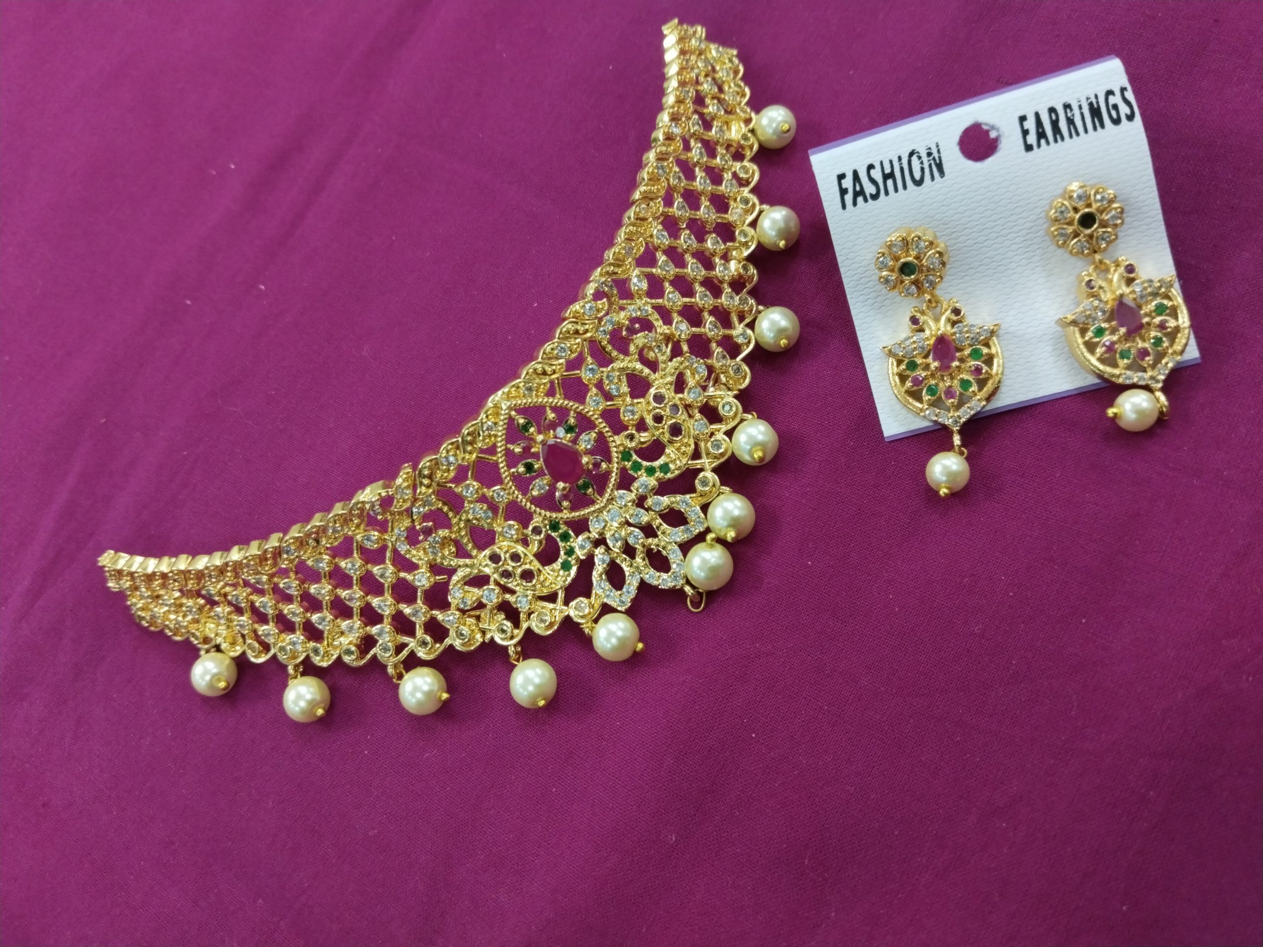 Gold Mesh Choker Necklace with Pearl Drops and Designer Earrings – Traditional Wedding Jewelry Set