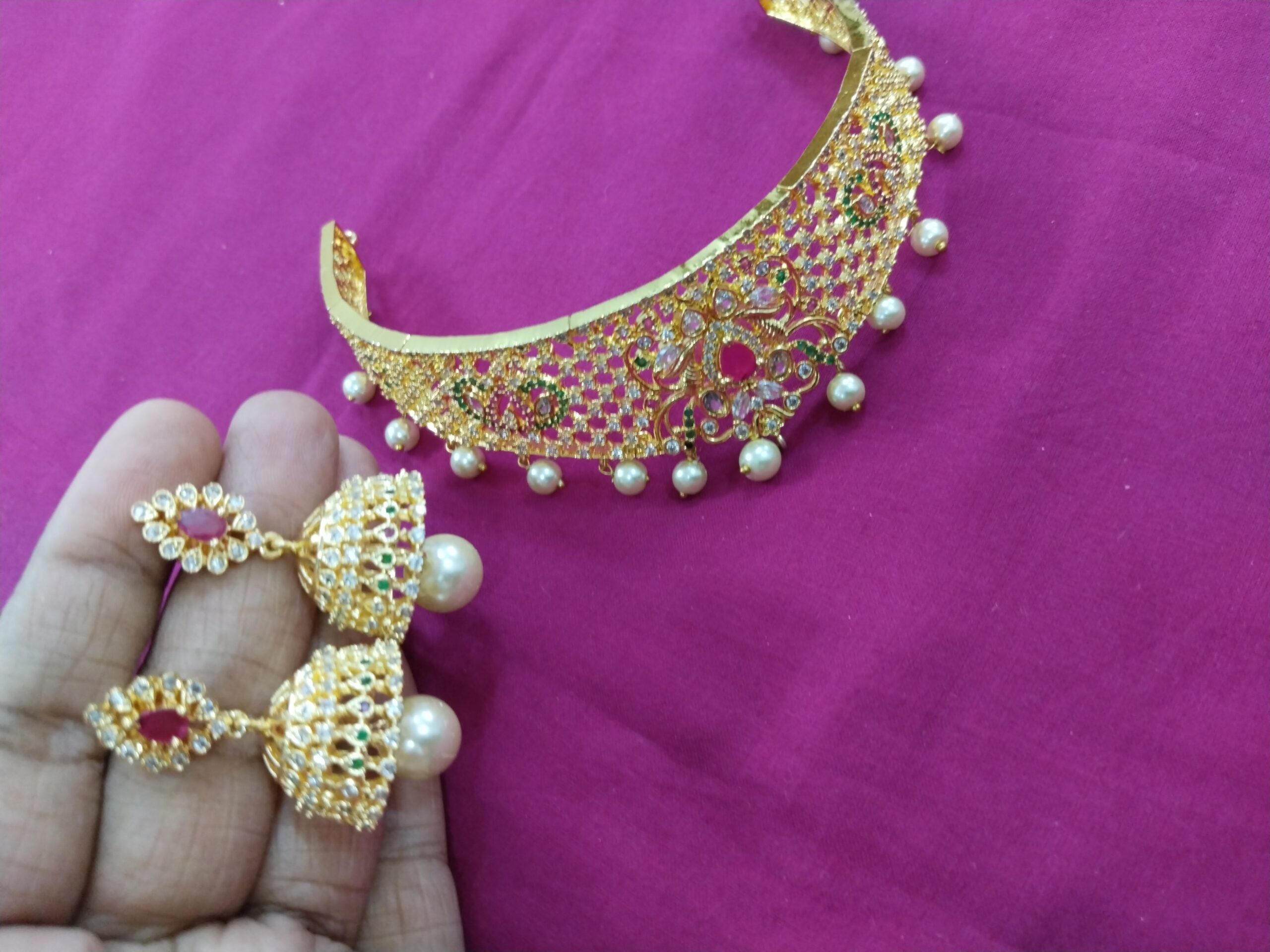 Gold Mesh Choker Necklace Set with Pearl Drops and Matching Jhumkas – Traditional Indian Jewelry