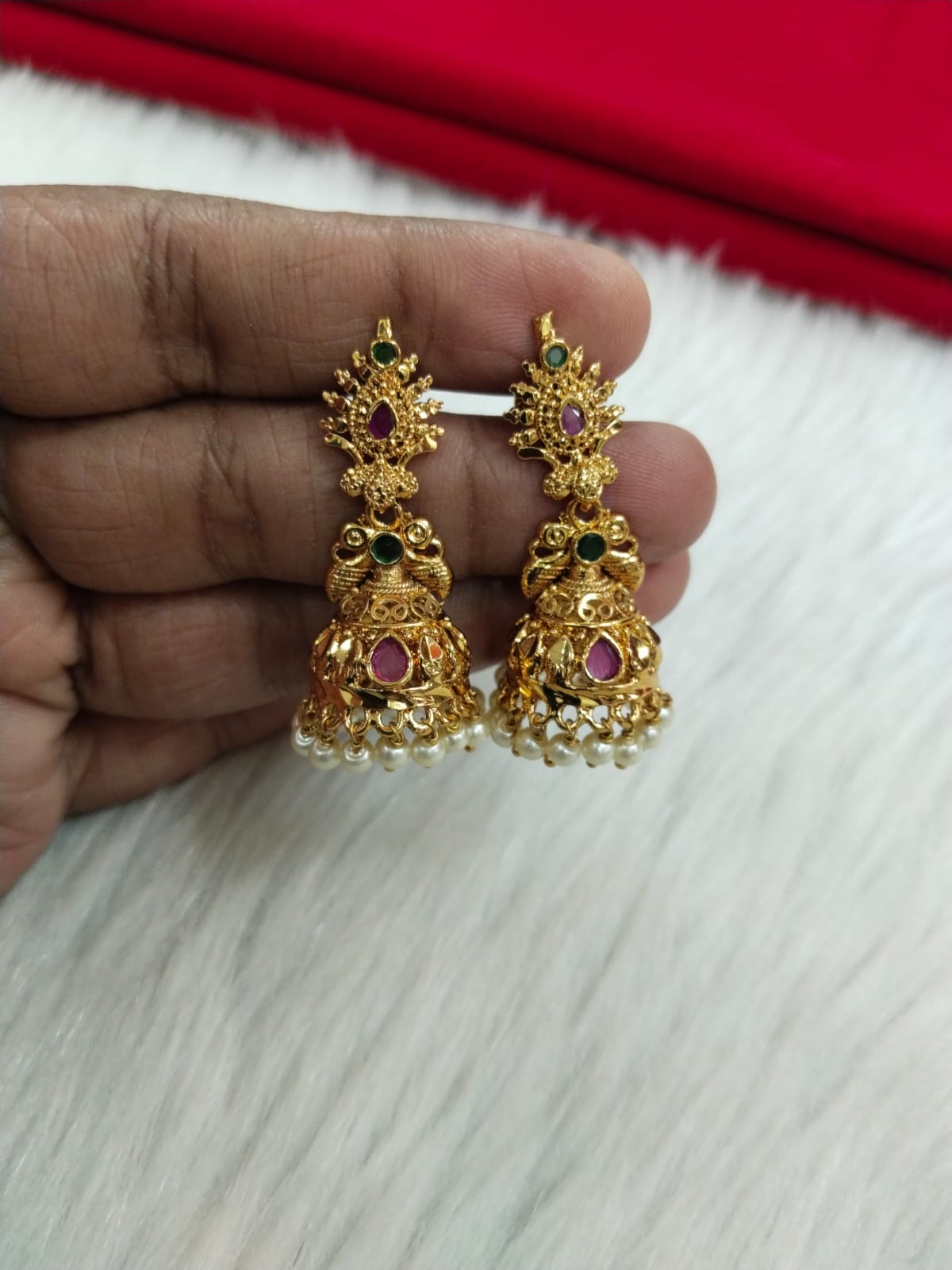 Antique Peacock Temple Jhumka Earrings with Pink & Green Stones – South Indian Traditional Jewelry