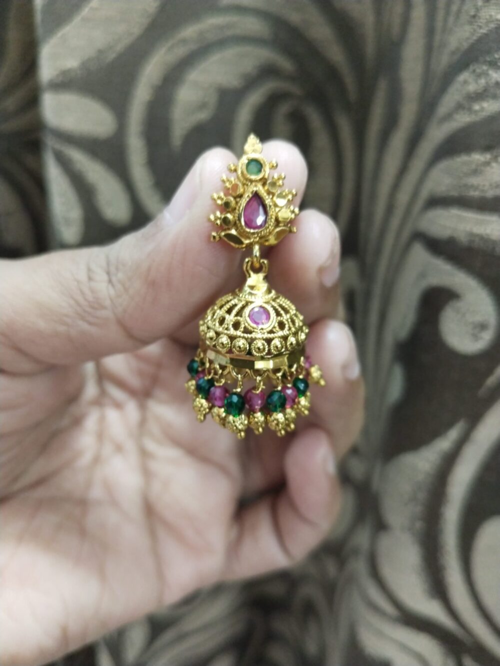 Gold Plated Temple Jhumka Earrings with Ruby and Emerald Stones – Traditional South Indian Jewelry - Image 2