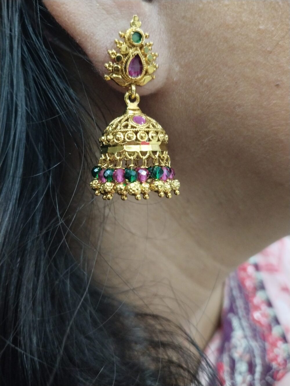 Gold Plated Temple Jhumka Earrings with Ruby and Emerald Stones – Traditional South Indian Jewelry - Image 3