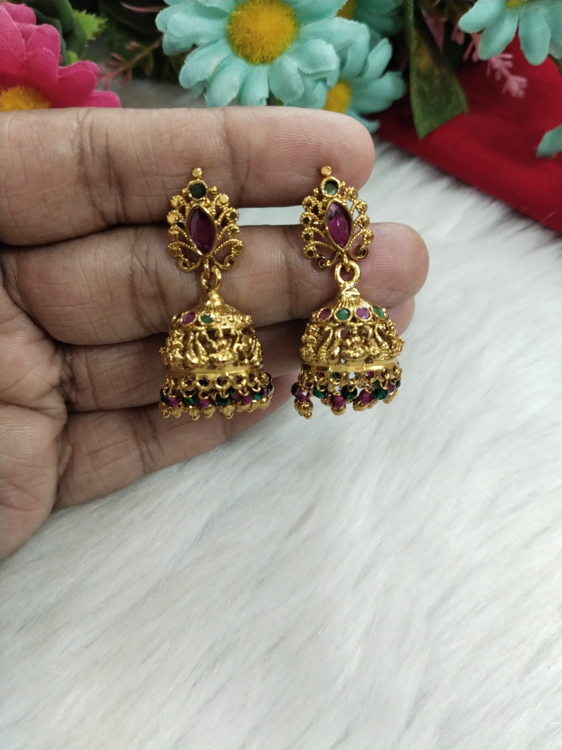 Gold Plated Temple Jhumka Earrings with Ruby and Emerald Stones – Traditional South Indian Jewelry