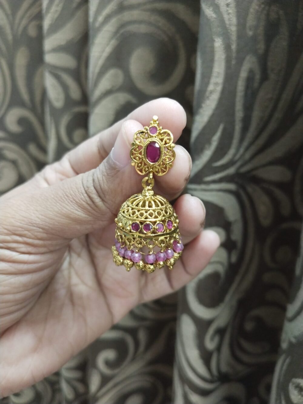 Gold Plated Jhumka Earrings with Ruby Stones – Traditional Ethnic Indian Jewelry for Women - Image 2