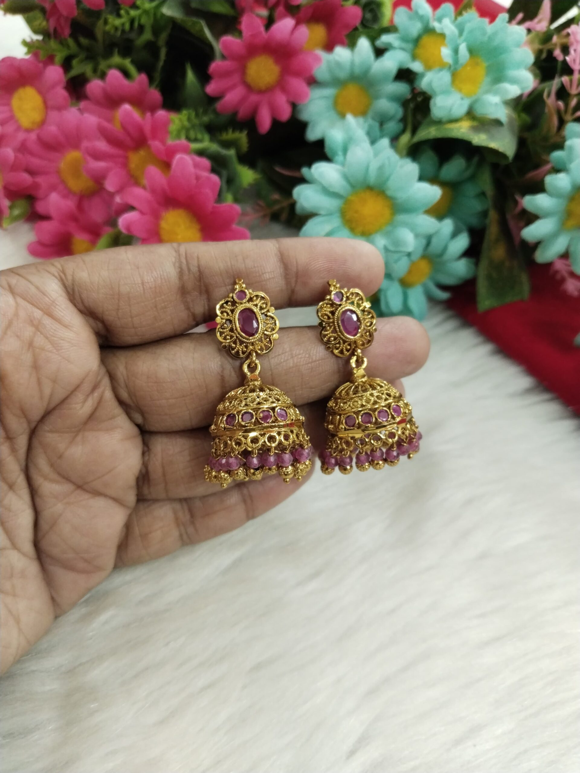 Gold Plated Jhumka Earrings with Ruby Stones – Traditional Ethnic Indian Jewelry for Women