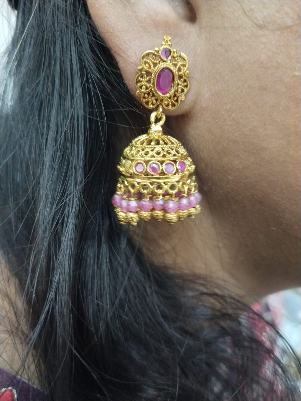 Gold Plated Jhumka Earrings with Ruby Stones – Traditional Ethnic Indian Jewelry for Women - Image 3