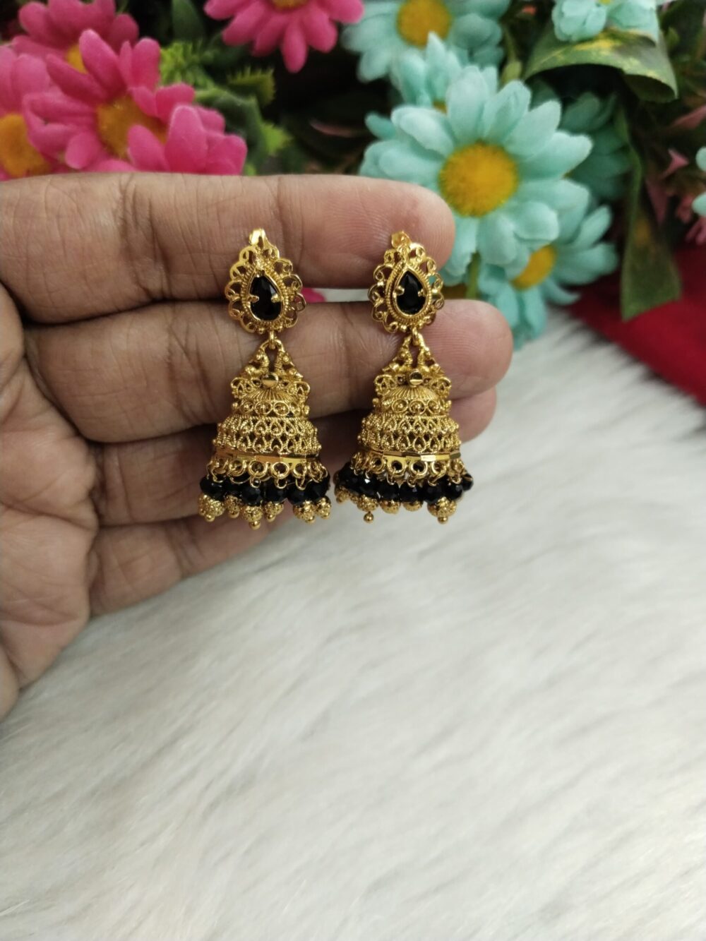 Gold Plated Jhumka Earrings with Stones – Traditional Indian Temple Jewelry for Women - Image 8