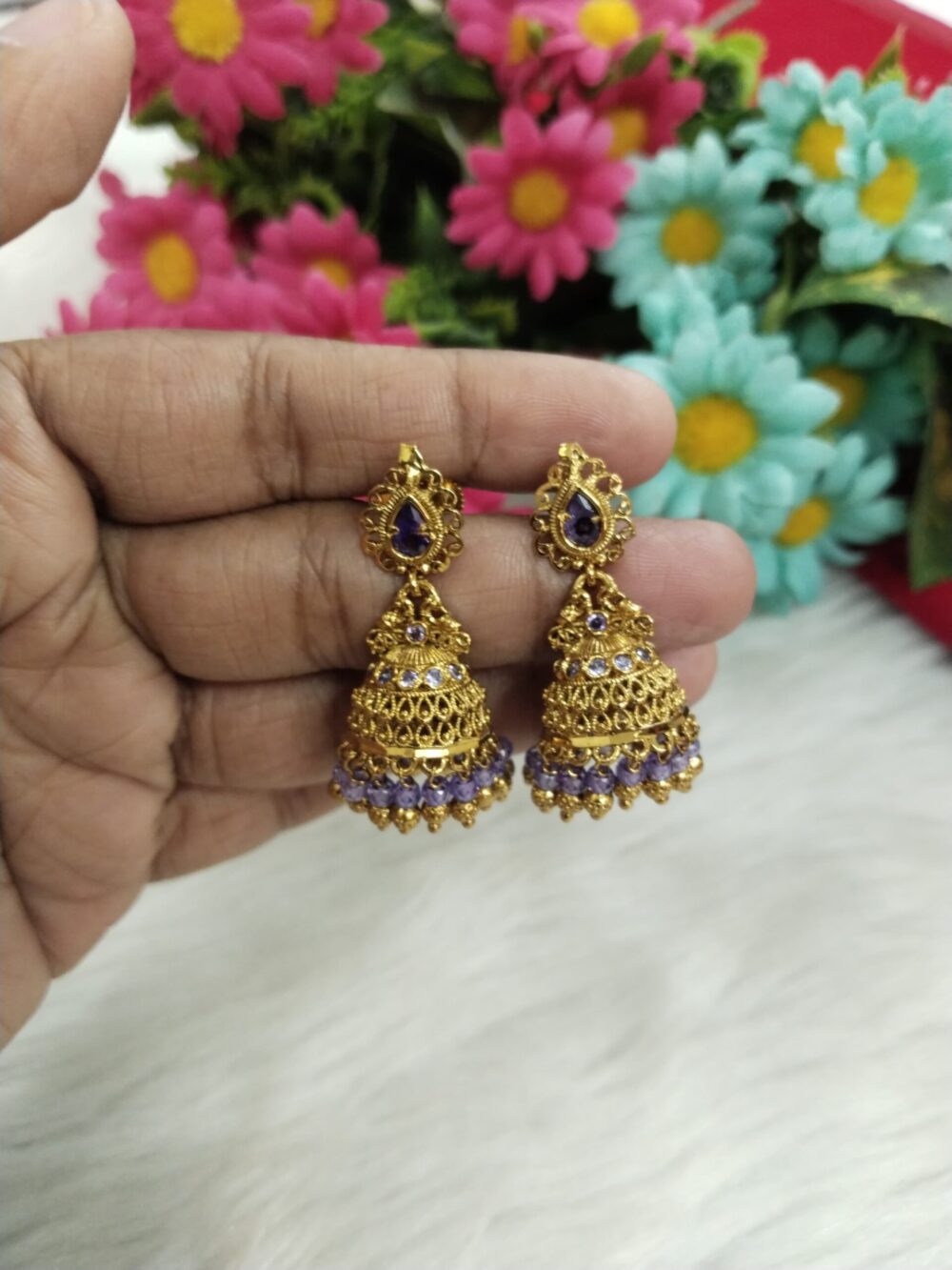 Gold Plated Jhumka Earrings with Stones – Traditional Indian Temple Jewelry for Women - Image 5