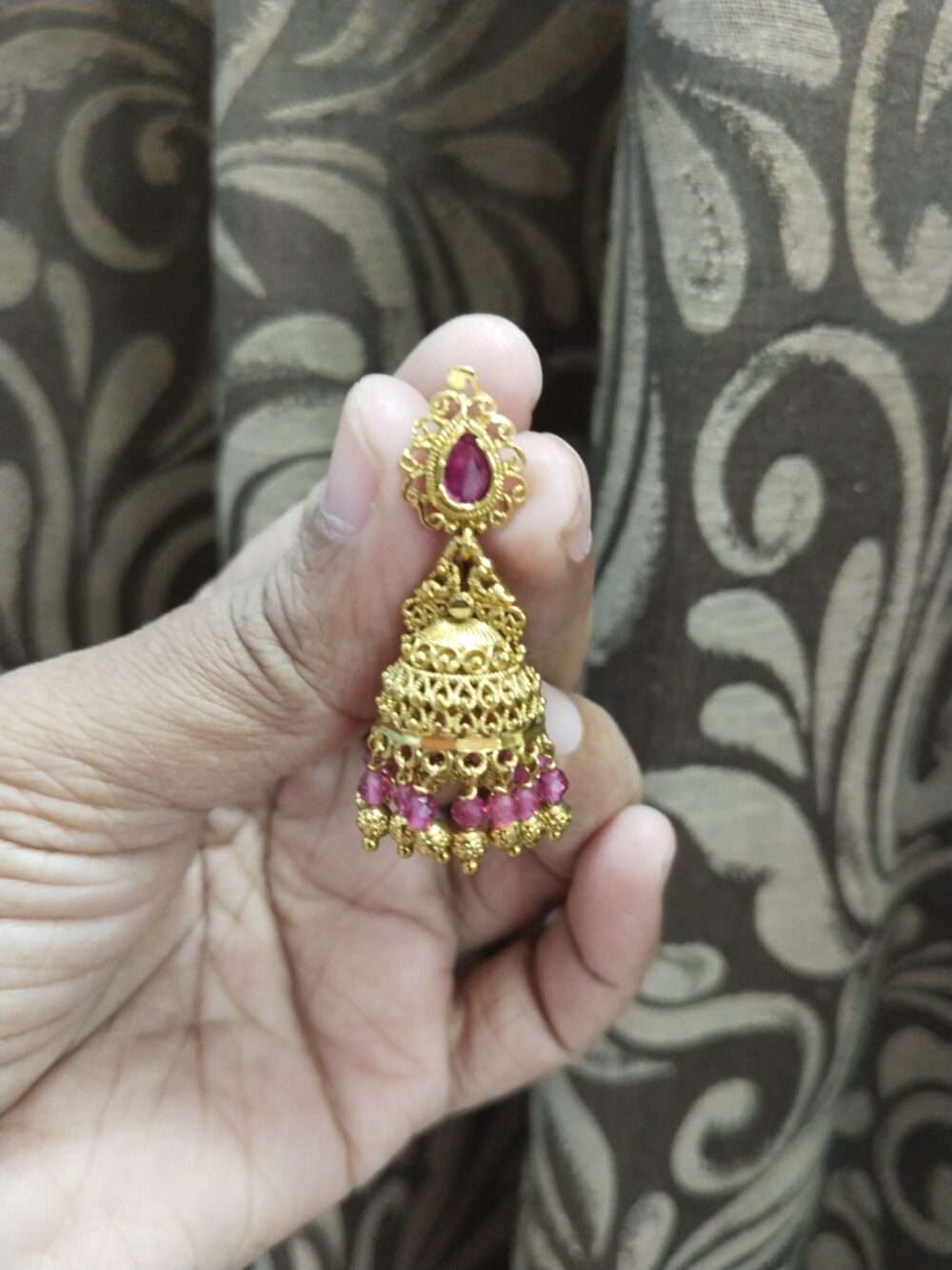Gold Plated Jhumka Earrings with Stones – Traditional Indian Temple Jewelry for Women - Image 4