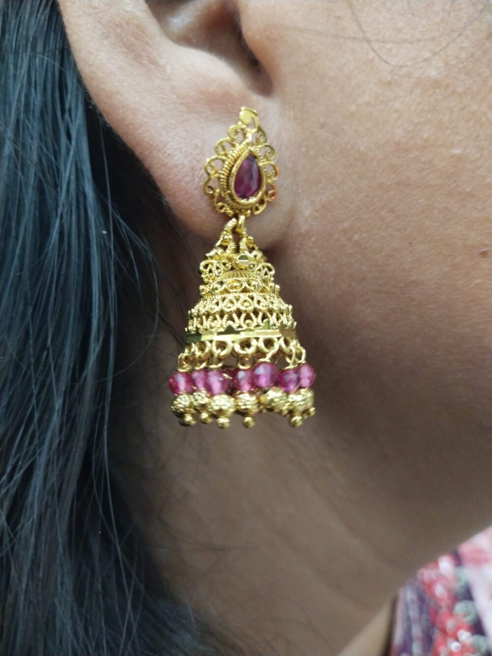 Gold Plated Jhumka Earrings with Stones – Traditional Indian Temple Jewelry for Women - Image 3