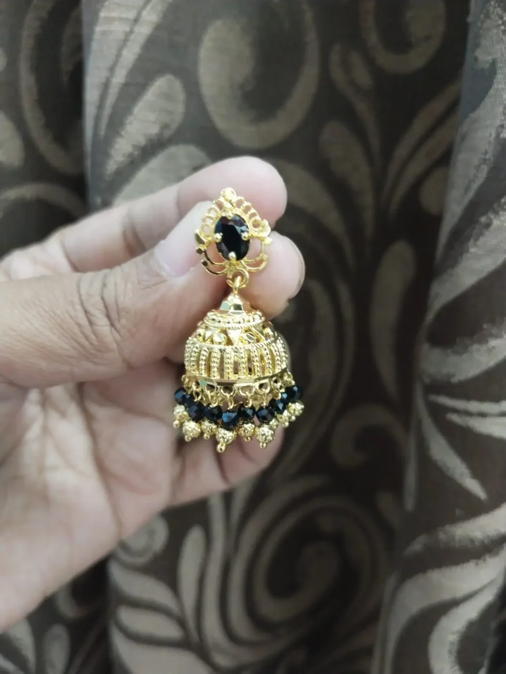 Gold Plated Traditional Jhumka Earrings with Black Stones – South Indian Style Temple Jewelry - Image 2