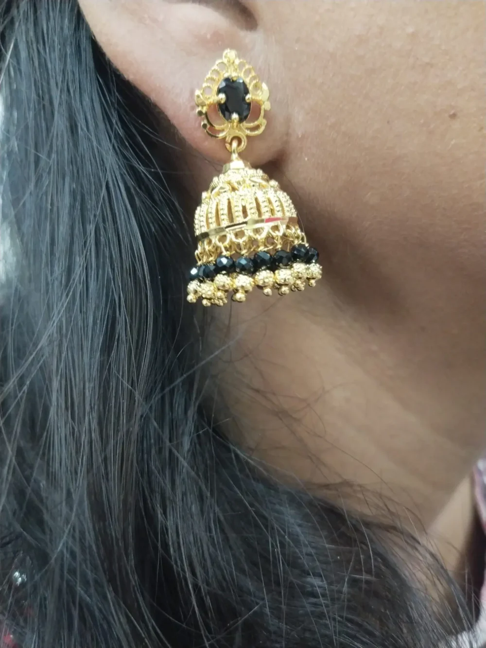 Gold Plated Traditional Jhumka Earrings with Black Stones – South Indian Style Temple Jewelry - Image 3