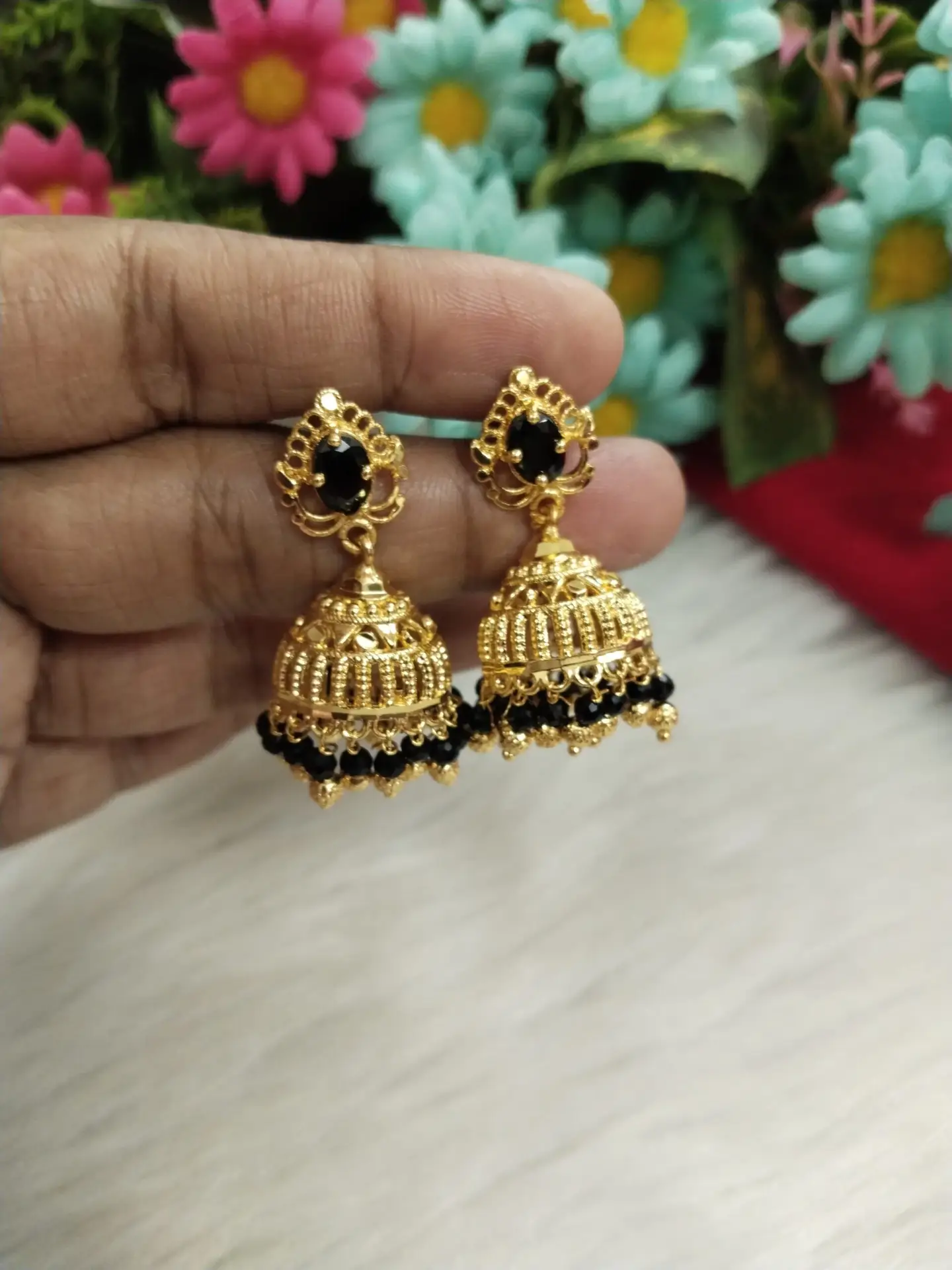 Gold Plated Traditional Jhumka Earrings with Black Stones – South Indian Style Temple Jewelry
