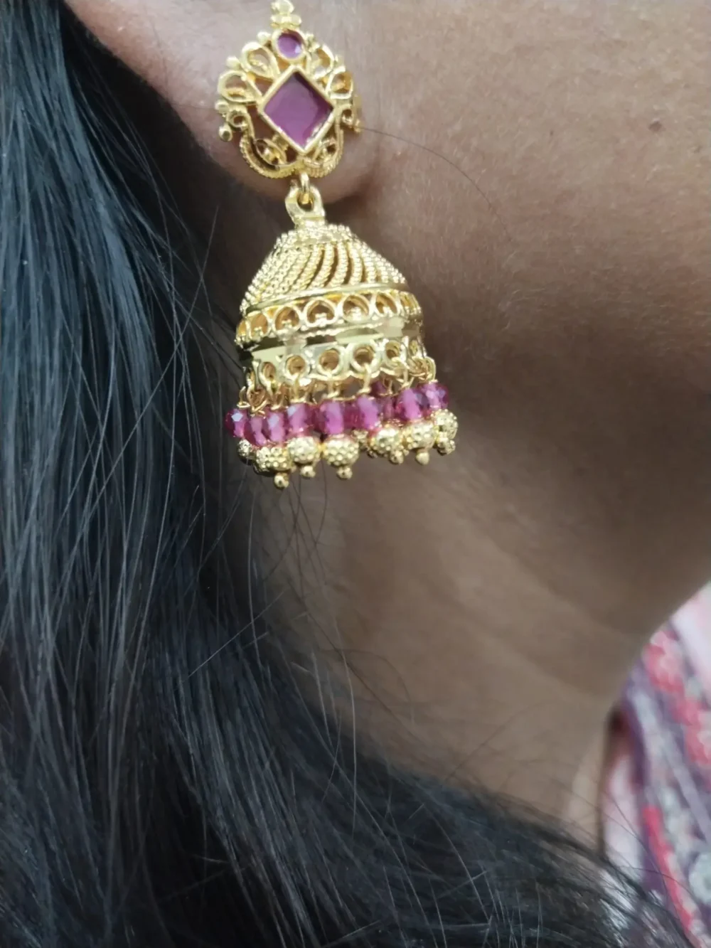 Gold Plated Jhumka Earrings with Pink Beads – Traditional Indian Design | On-Ear View - Image 2