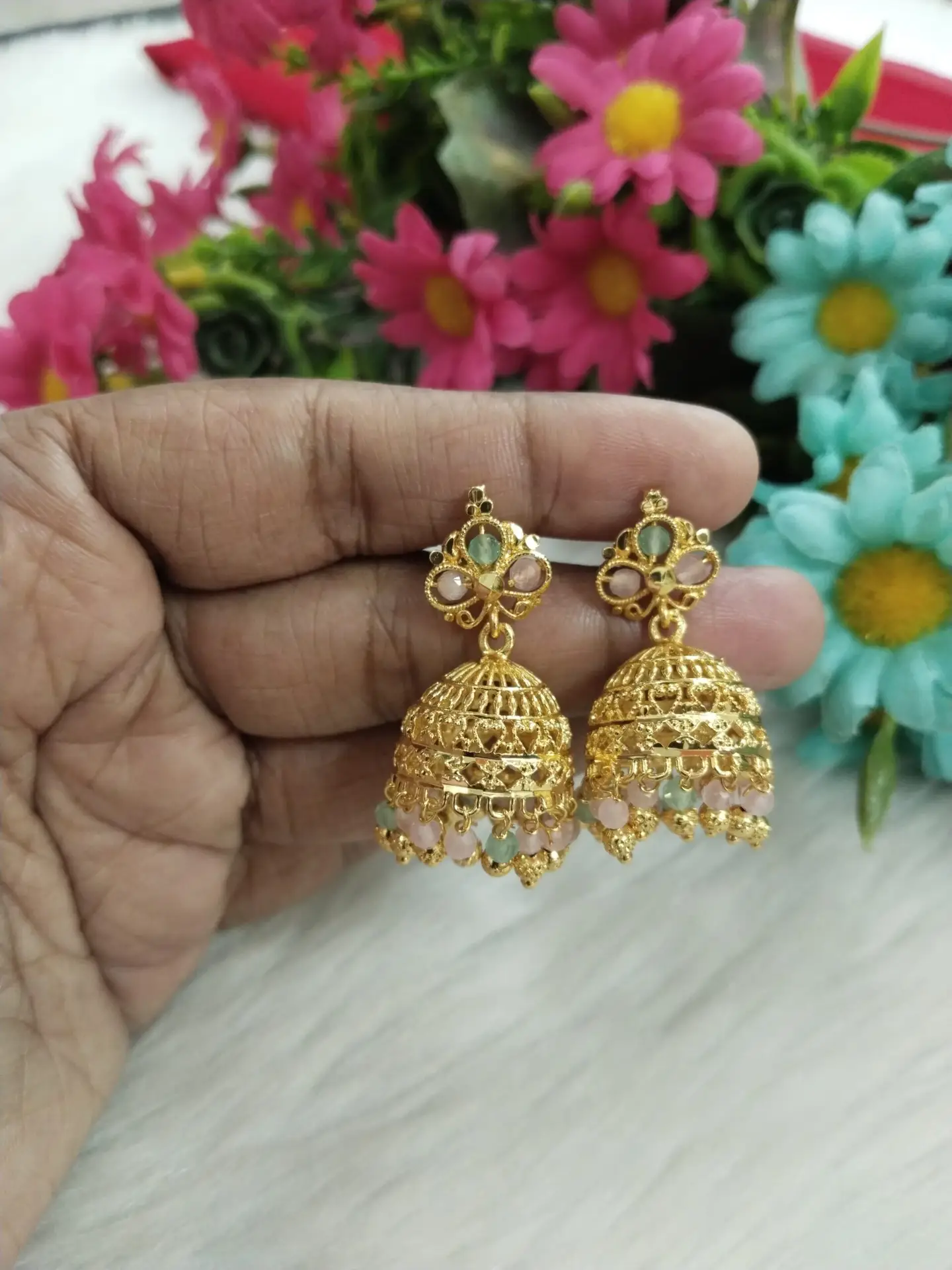 Gold Plated Pastel Jhumka Earrings with Green & Pink Beads – Elegant Traditional Jewelry