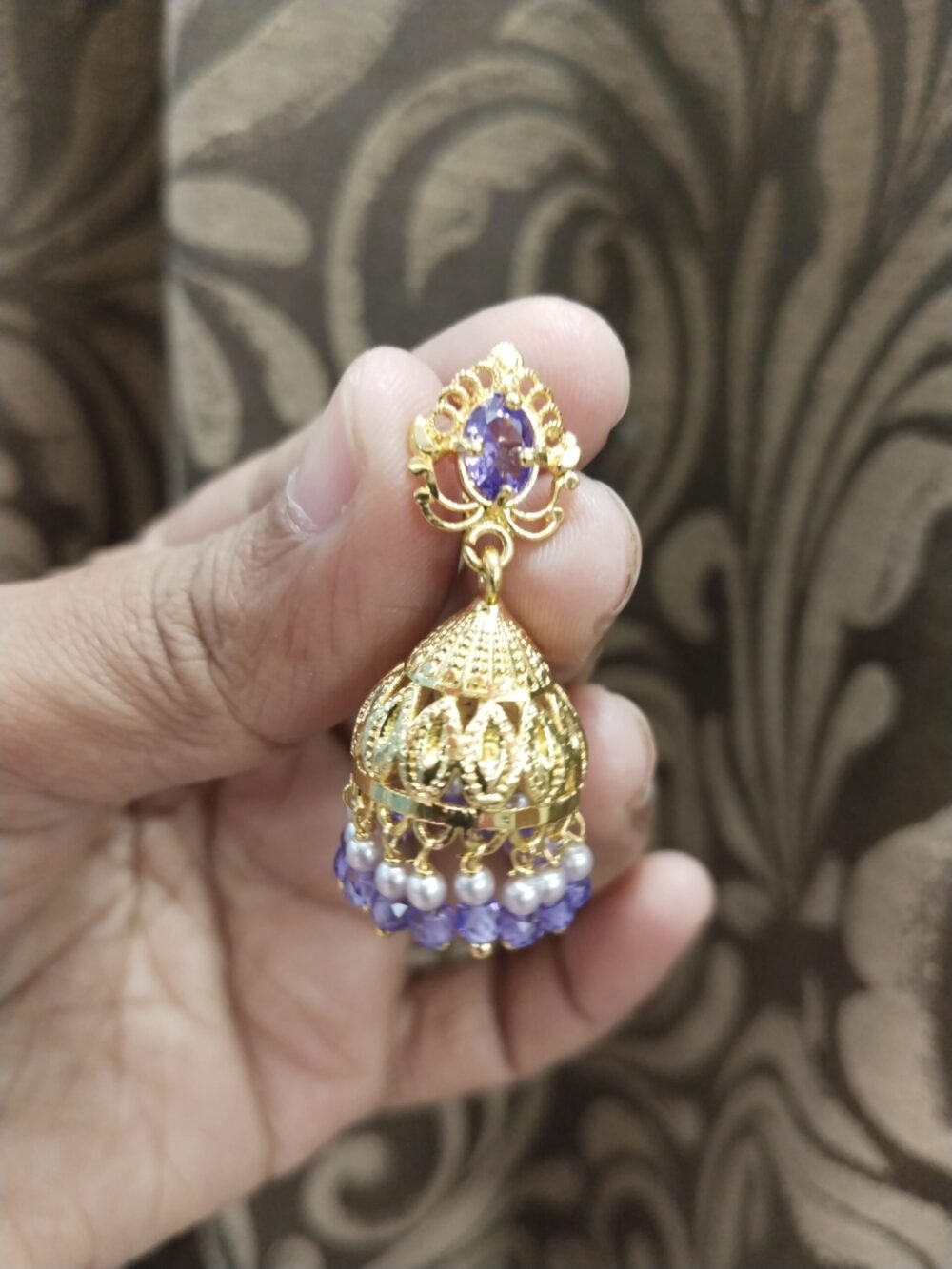 Gold Plated Jhumka Earrings with Violet and Pearl Beads – Festive Traditional Jewelry - Image 2