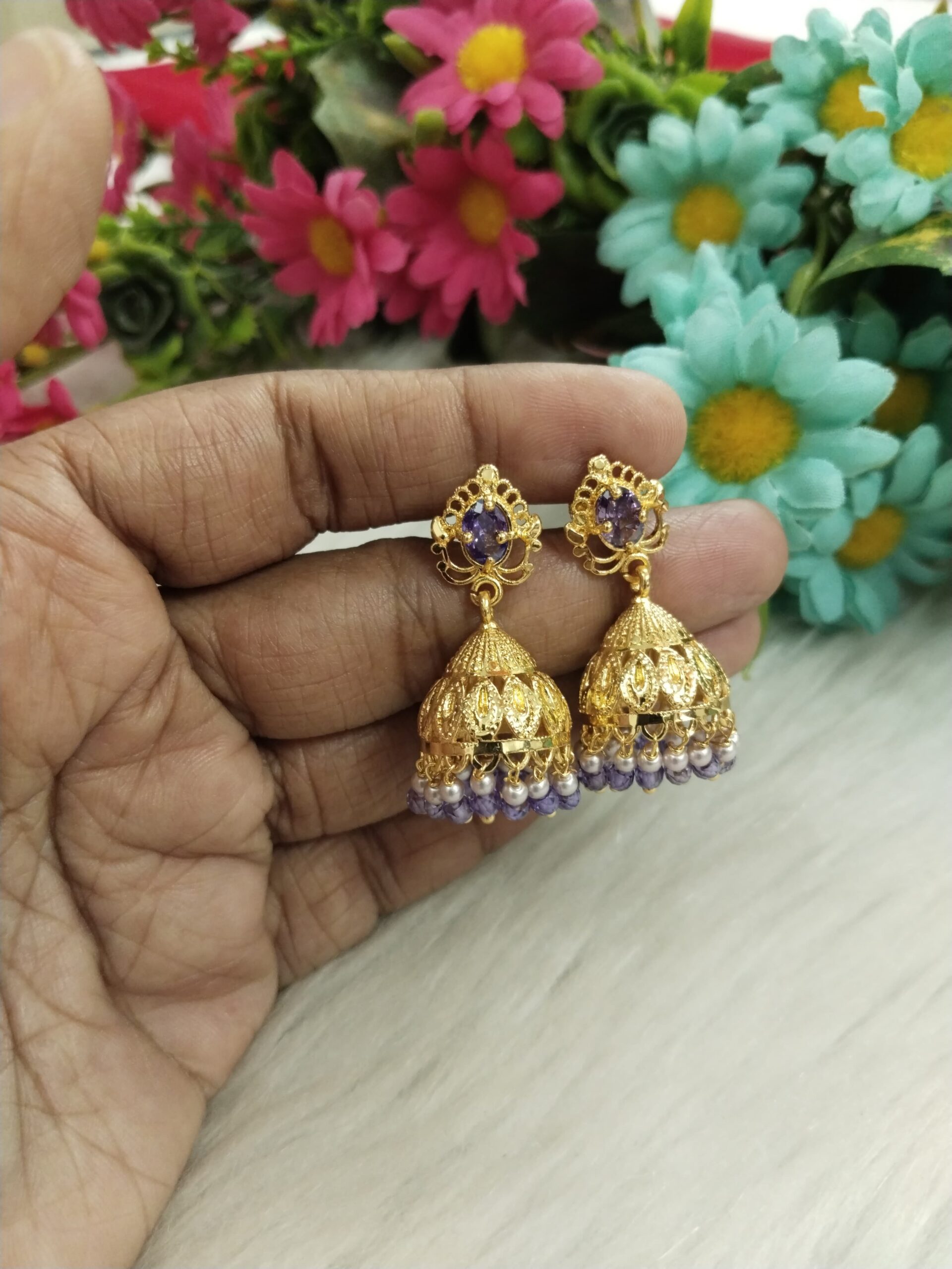 Gold Plated Jhumka Earrings with Violet and Pearl Beads – Festive Traditional Jewelry