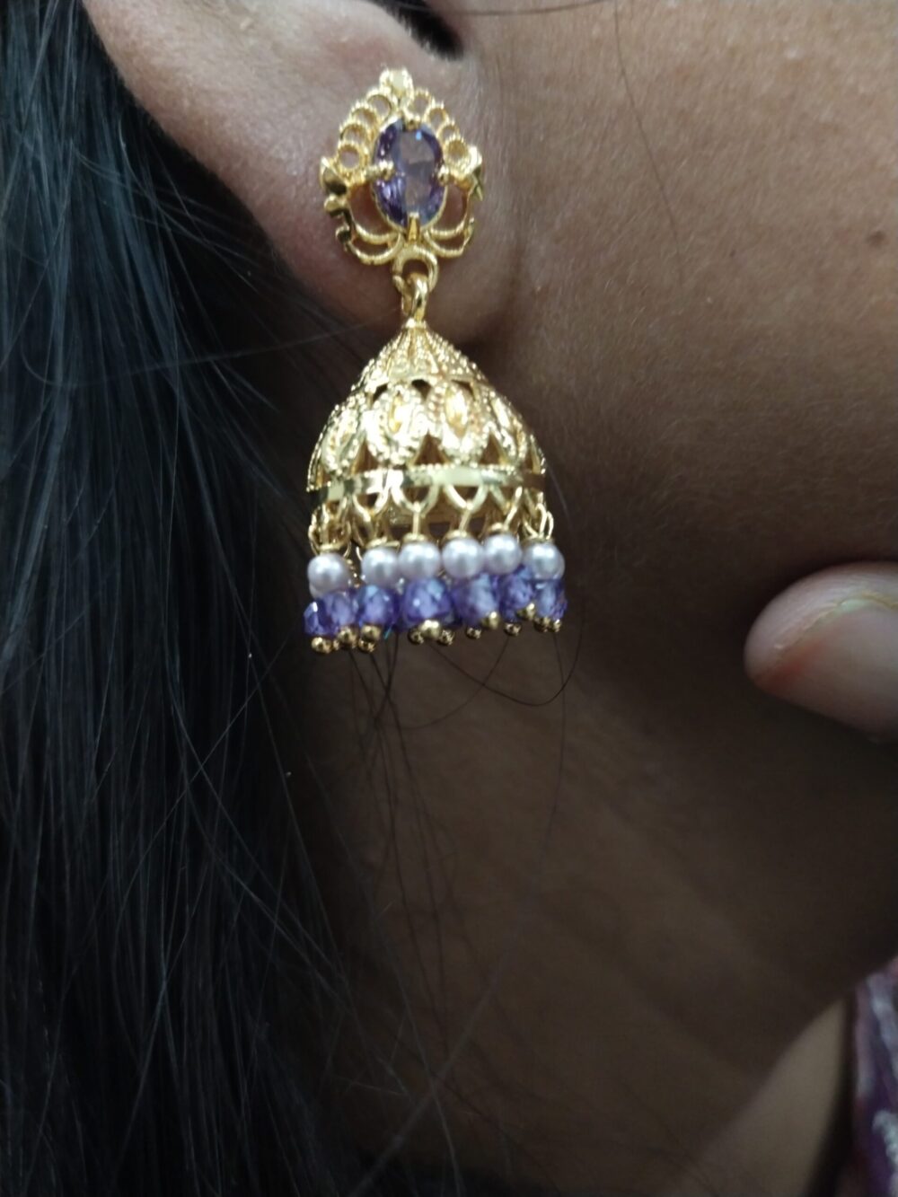 Gold Plated Jhumka Earrings with Violet and Pearl Beads – Festive Traditional Jewelry - Image 3
