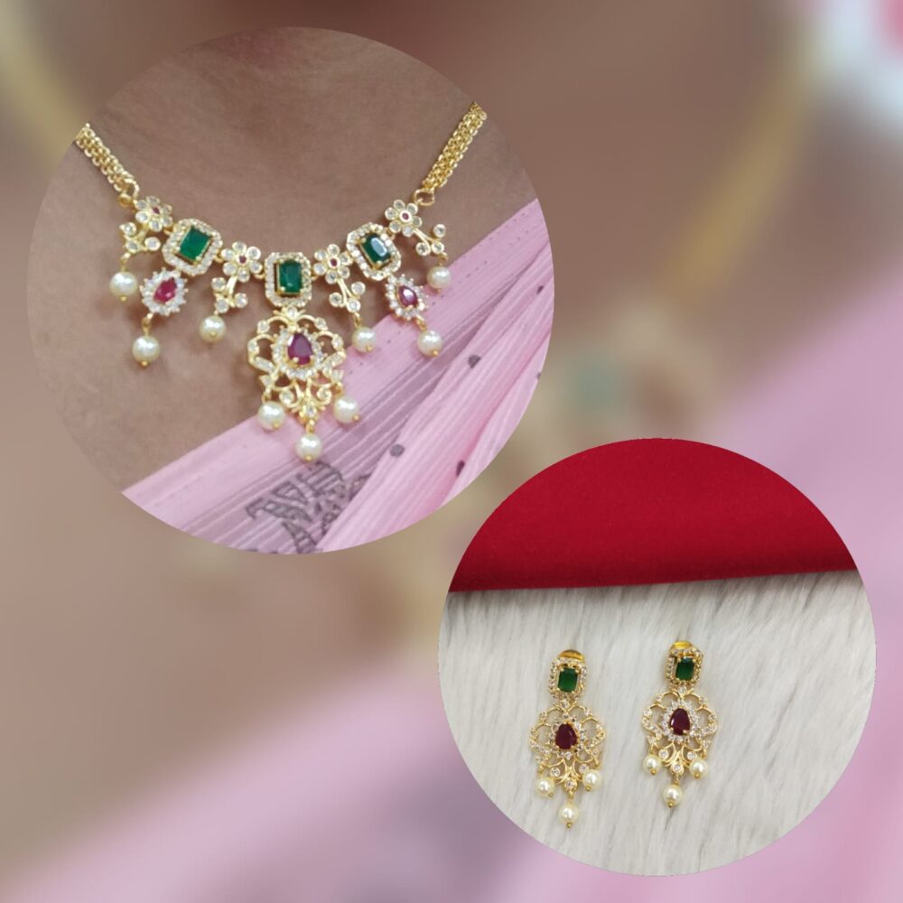Gold-Plated Traditional Necklace Set with Green and Ruby Red Stones & Pearl Drops - Image 3