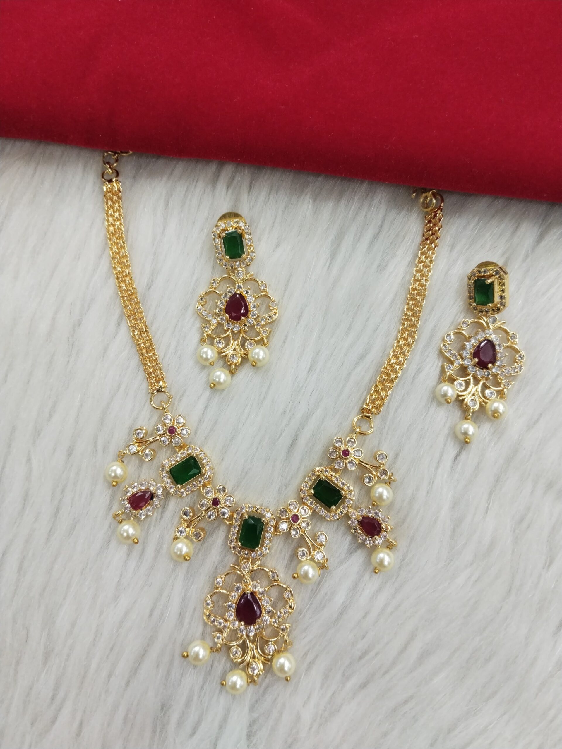 Gold-Plated Traditional Necklace Set with Green and Ruby Red Stones & Pearl Drops