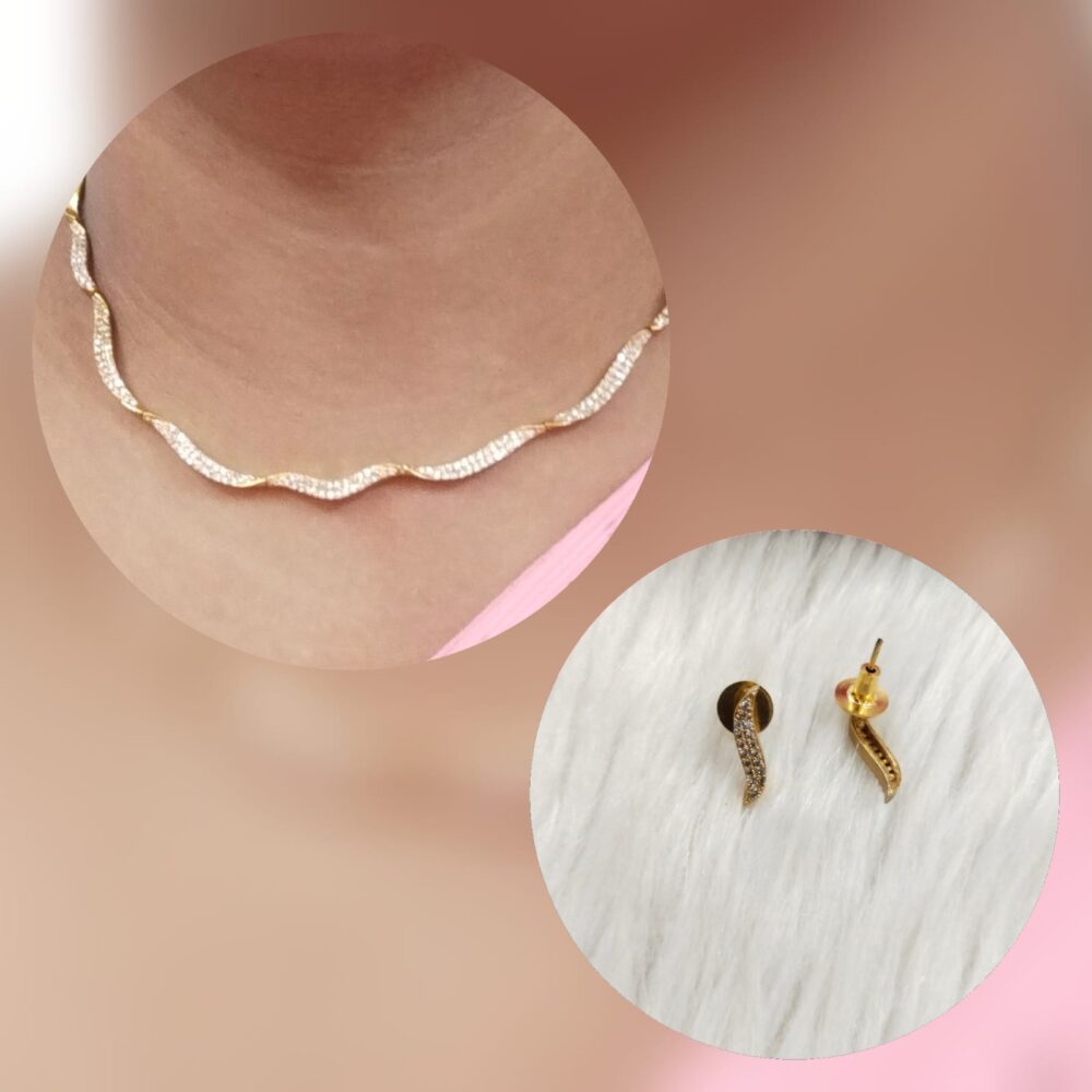 Elegant Gold-Plated Wave Design Necklace and Stud Earrings Set with Cubic Zirconia Stones - Image 3