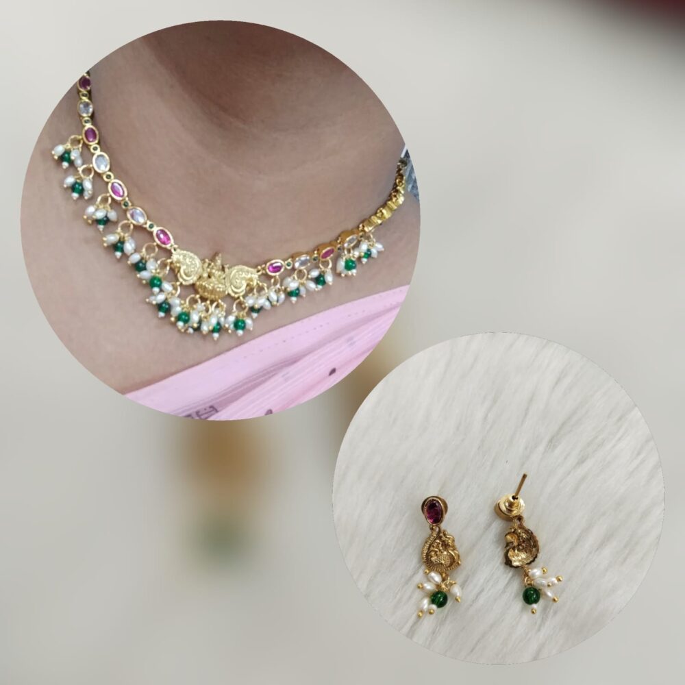 Traditional Gold-Plated Temple Jewelry Necklace and Earrings Set with Ruby, Emerald, and Pearl Accents - Image 2