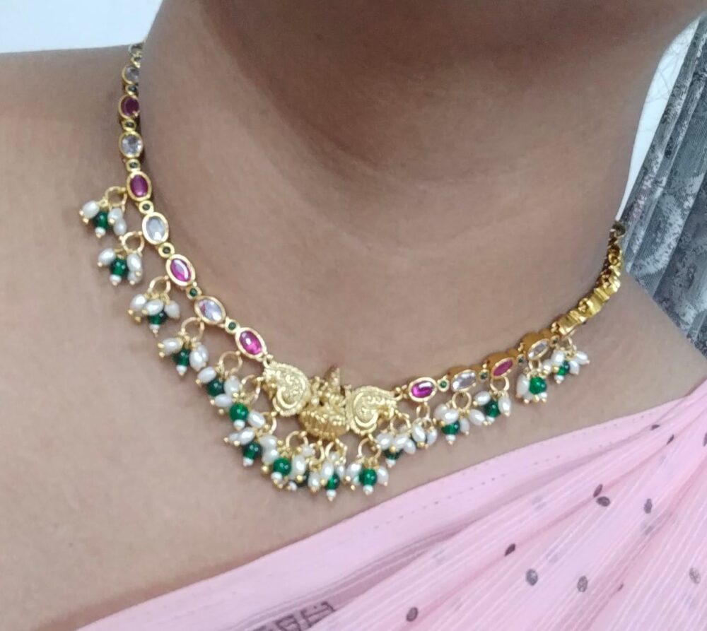 Traditional Gold-Plated Temple Jewelry Necklace and Earrings Set with Ruby, Emerald, and Pearl Accents - Image 3