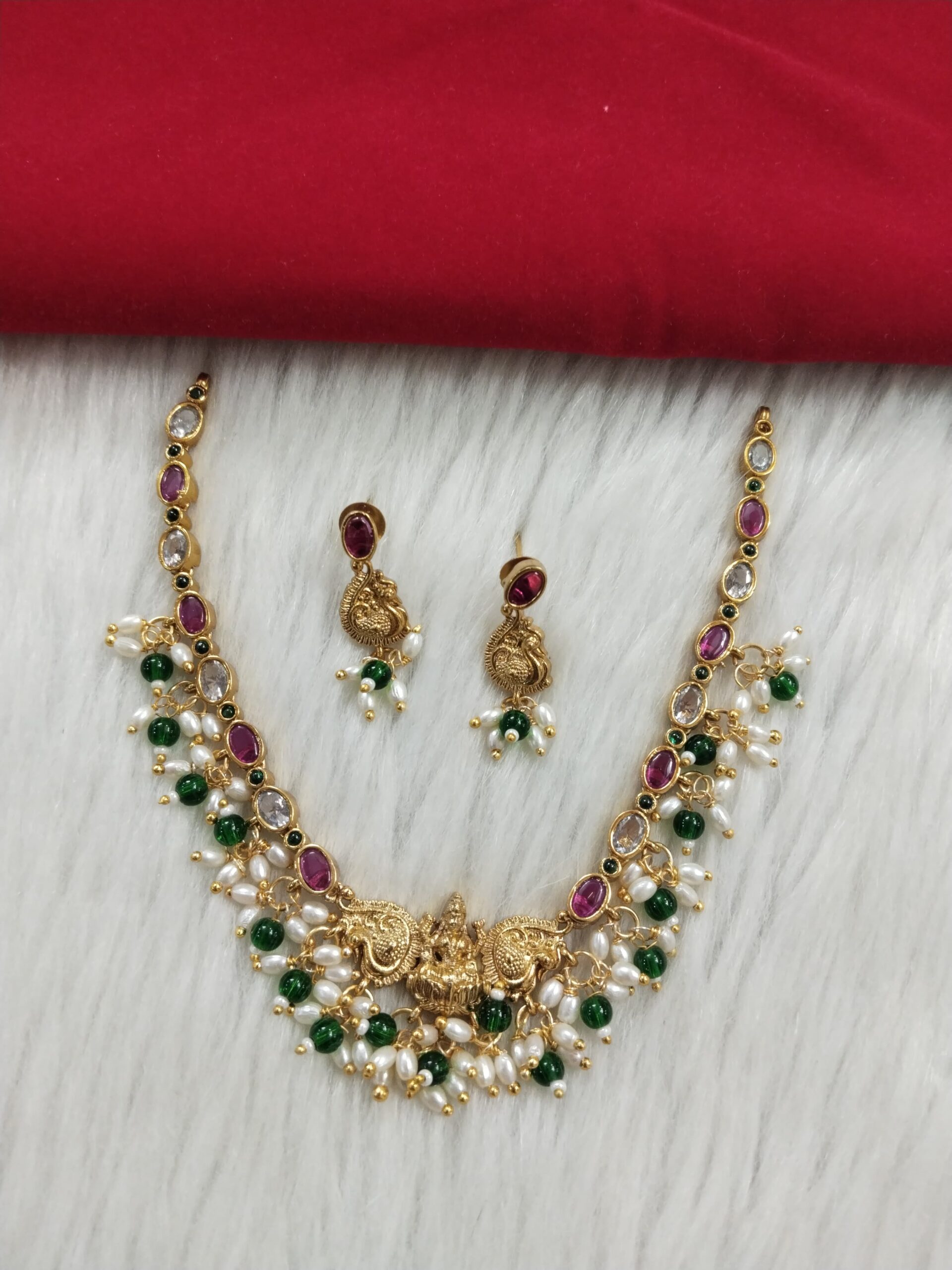 Traditional Gold-Plated Temple Jewelry Necklace and Earrings Set with Ruby, Emerald, and Pearl Accents