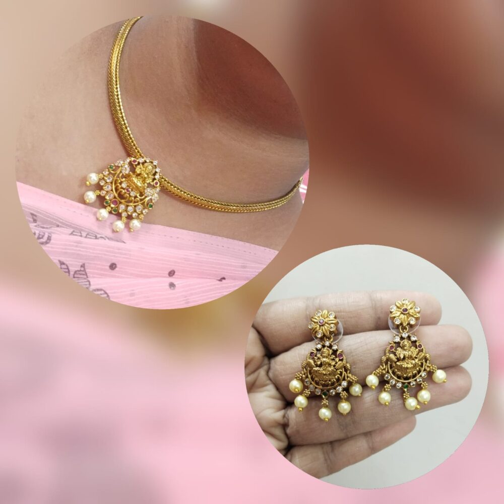 Antique Gold-Plated Temple Jewelry Necklace Set with Goddess Lakshmi Pendant and Pearl Drops - Image 3