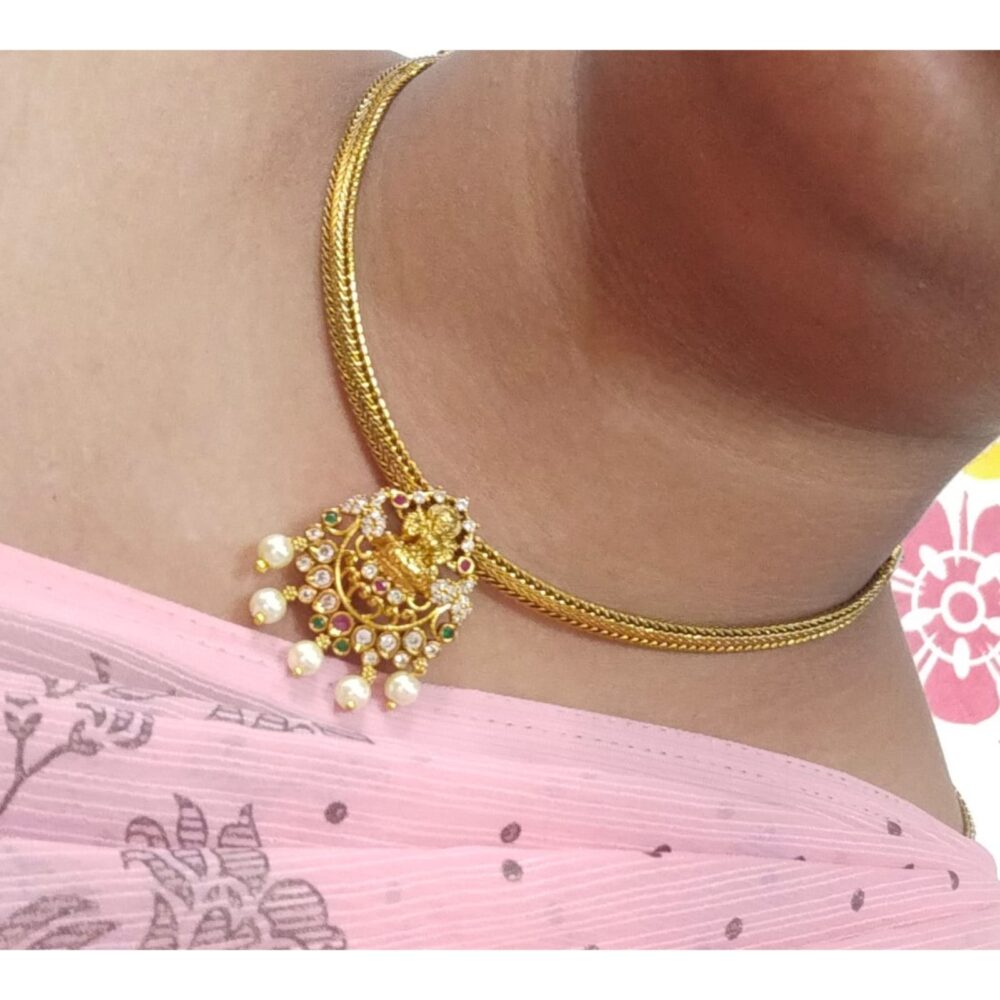 Antique Gold-Plated Temple Jewelry Necklace Set with Goddess Lakshmi Pendant and Pearl Drops - Image 2