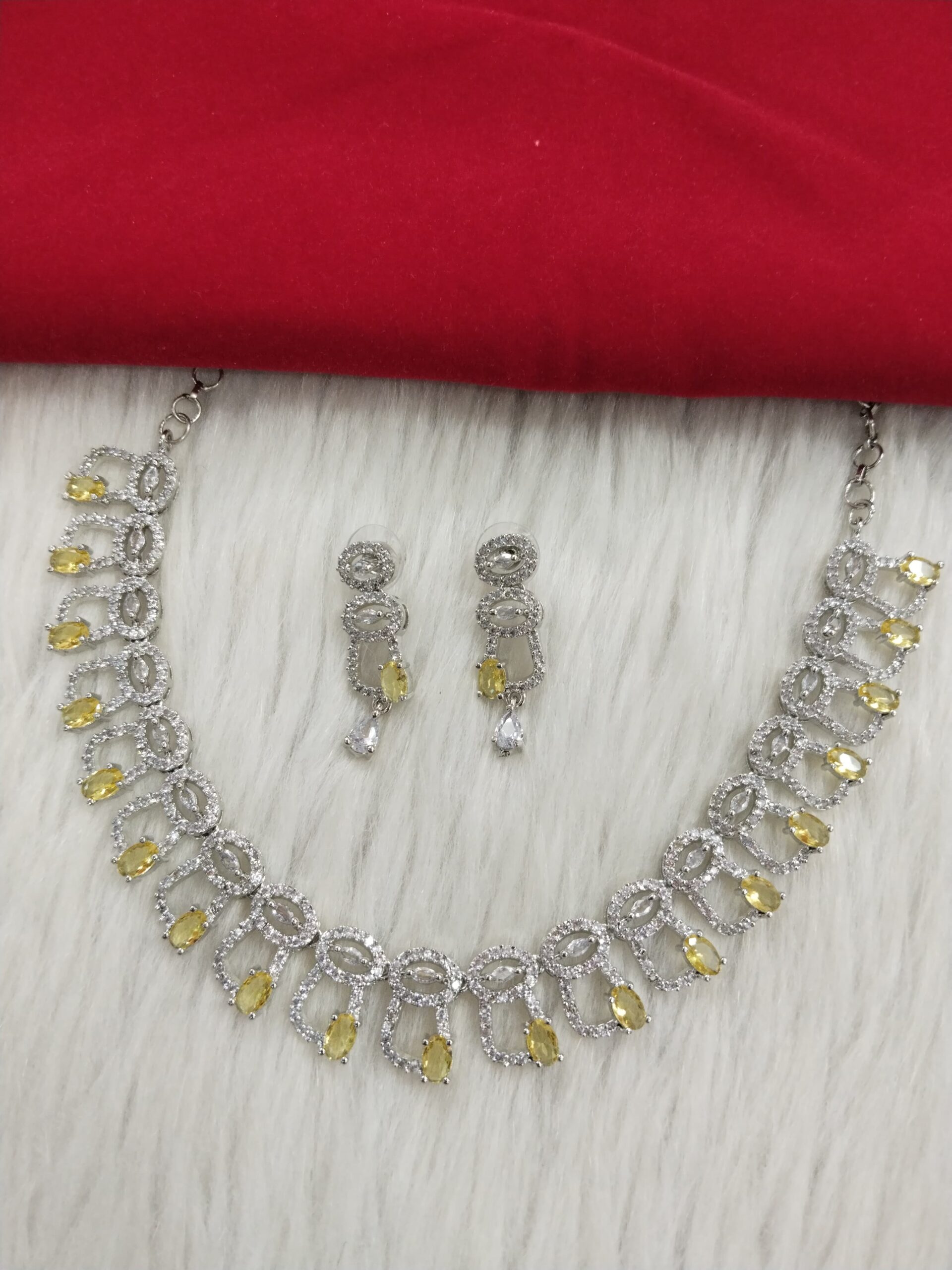 Elegant White & Yellow American Diamond Necklace Set with Drop Earrings