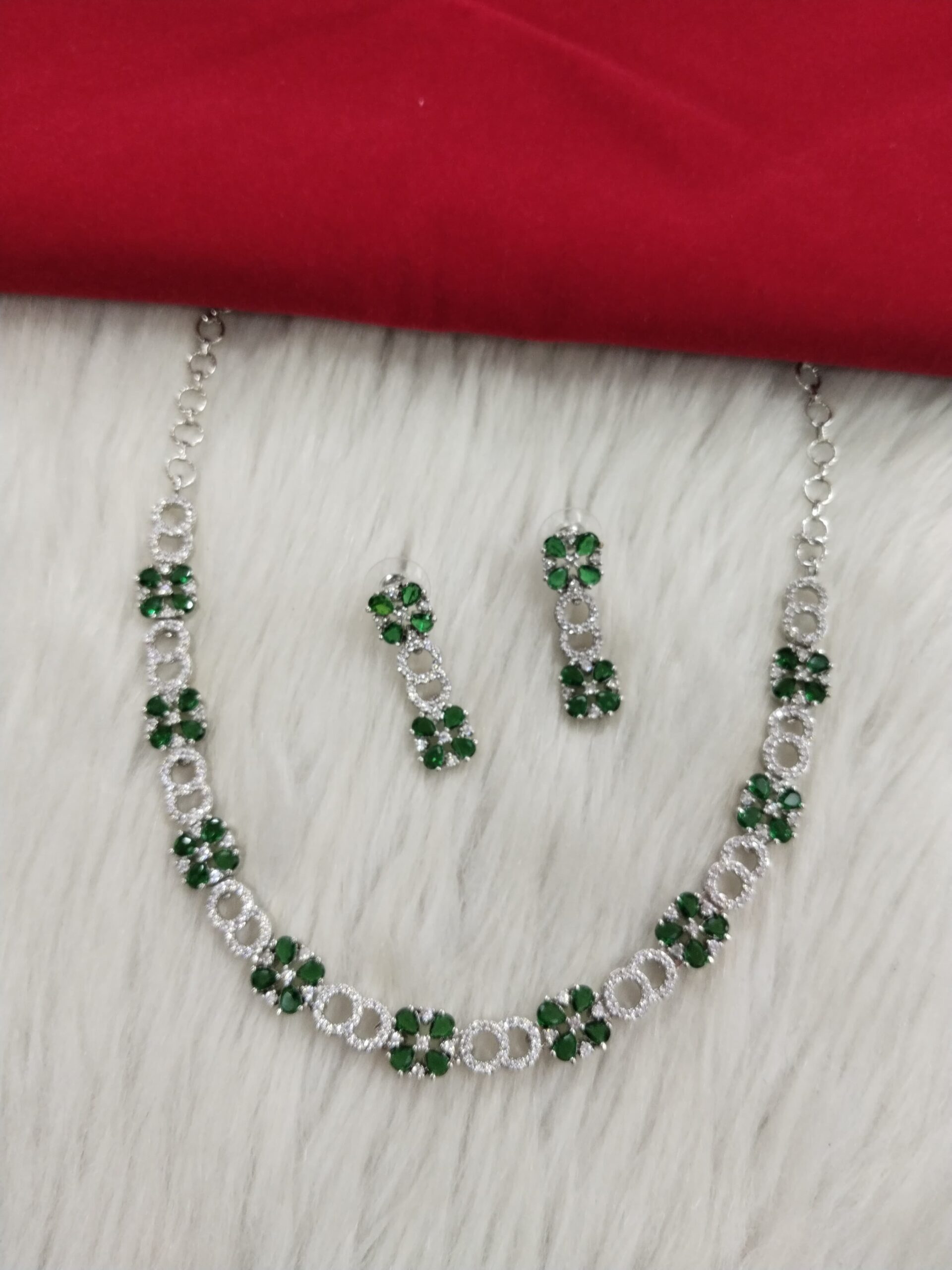 Elegant Silver Green American Diamond Necklace Set – Floral Design Party Wear Jewelry with Earrings
