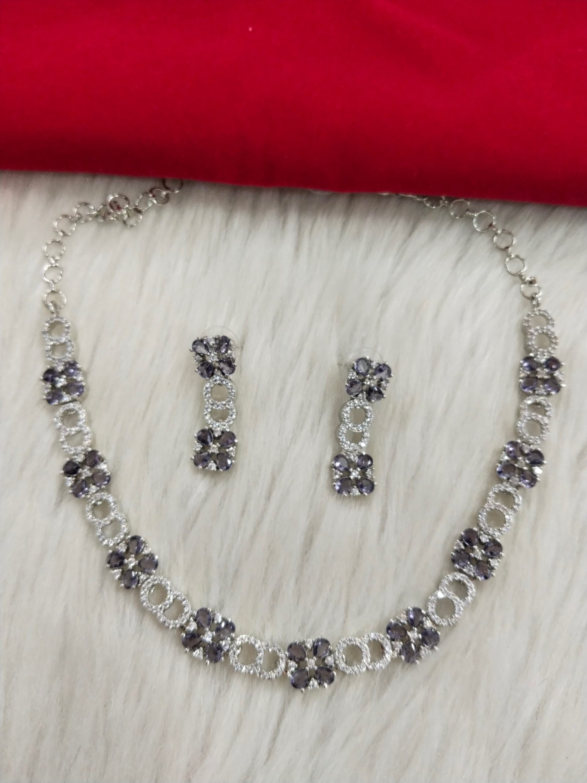 Elegant Silver Violet Stone Necklace Set – Floral Design American Diamond Jewelry with Earrings