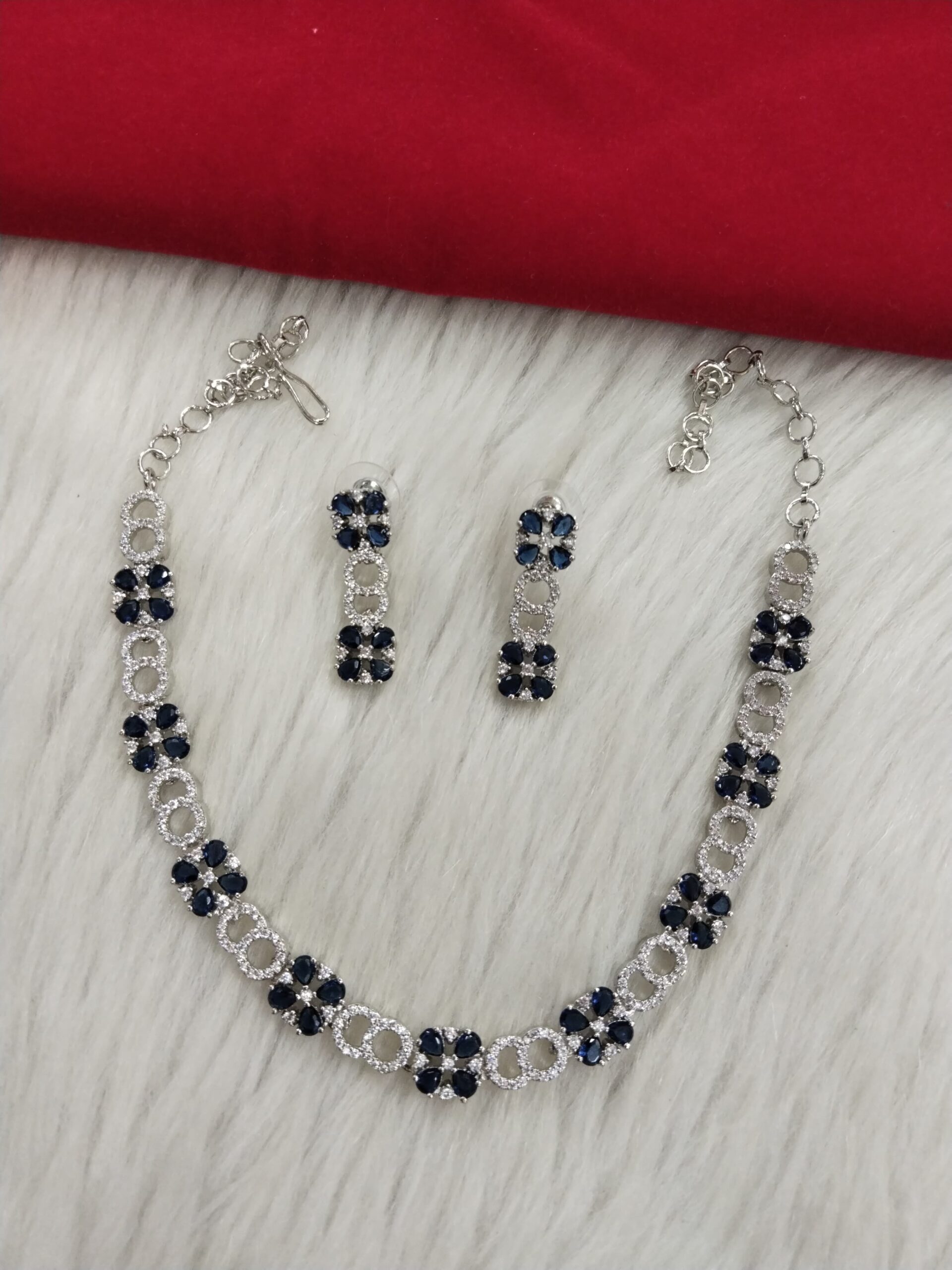 Silver Blue Stone Necklace Set – Floral American Diamond Design Jewelry with Matching Earrings