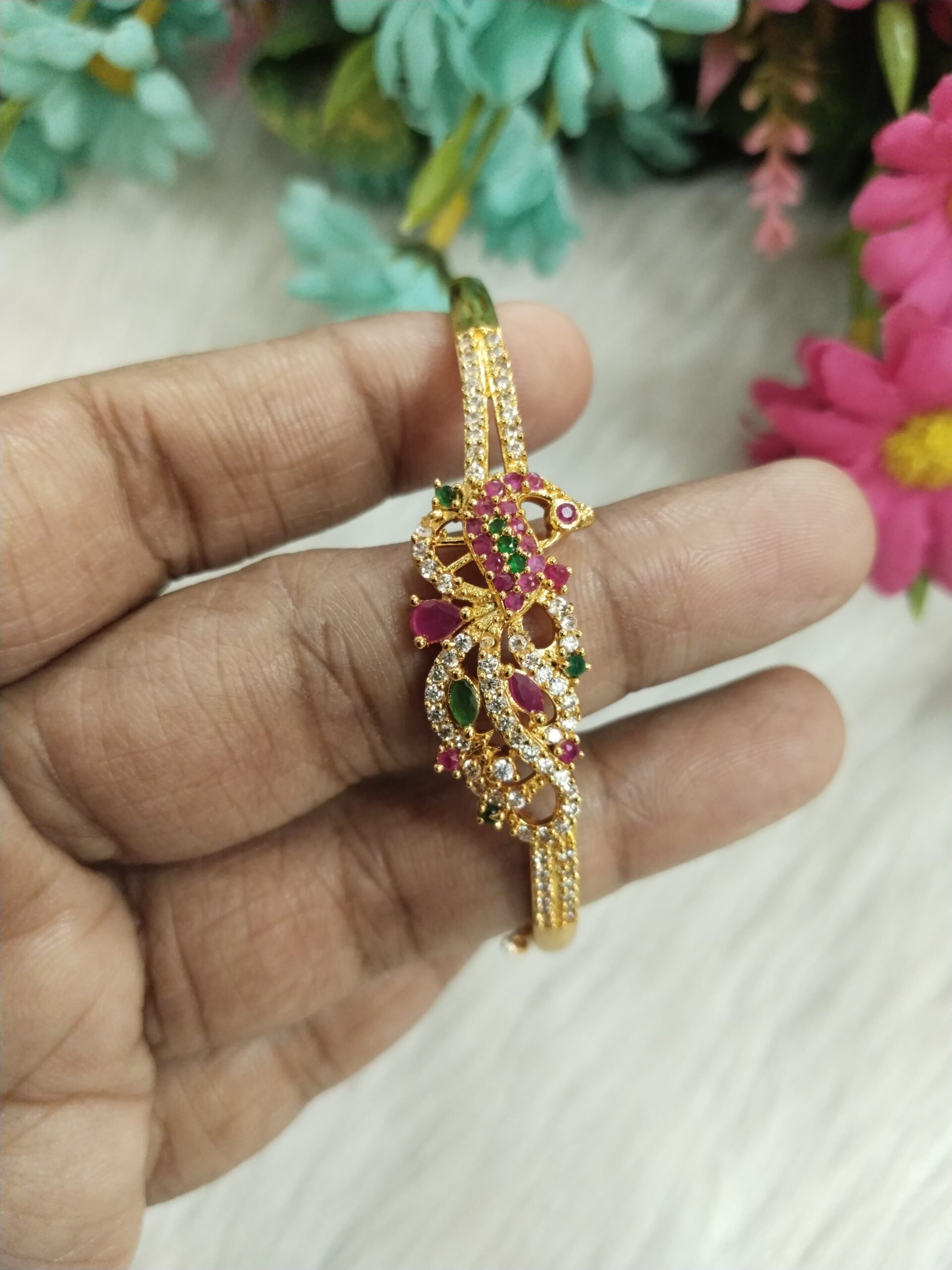 Gold-Plated Adjustable Floral Bangle with Ruby, Emerald & CZ Stones