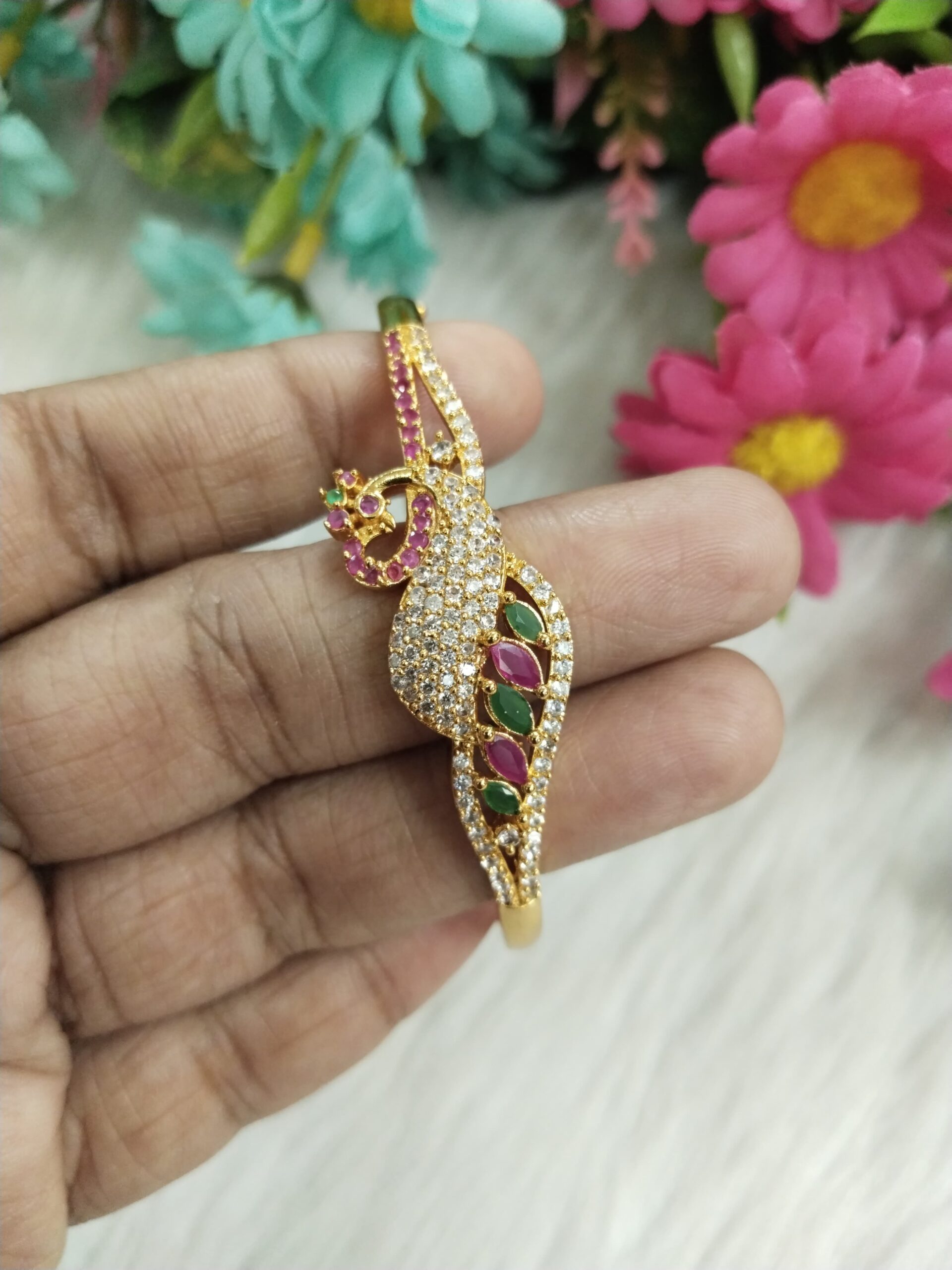 Gold-Plated Peacock Design Bangle with Ruby, Emerald & CZ Stones