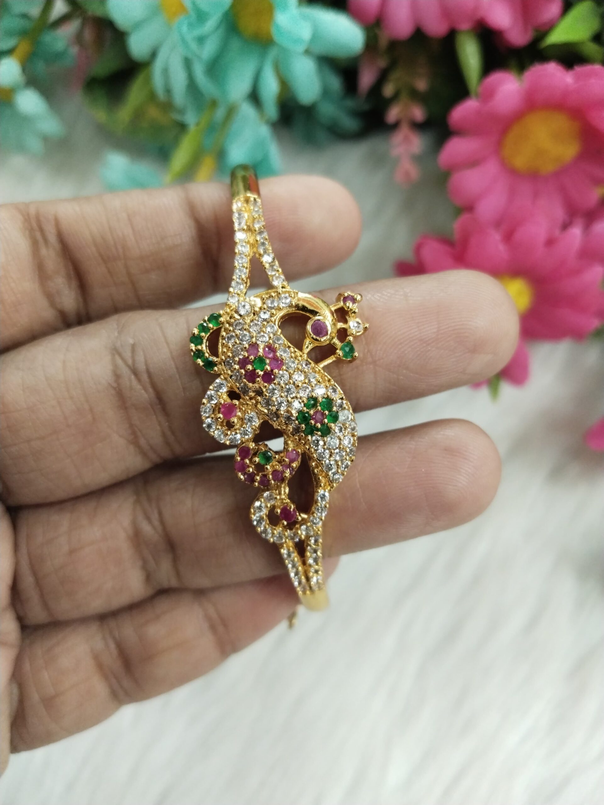 Gold-Plated Floral Peacock Bangle with Ruby, Emerald & CZ Stones