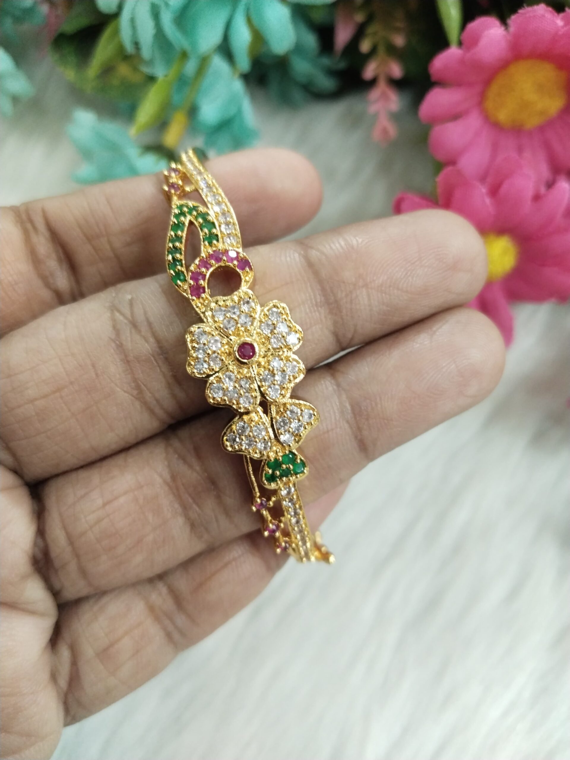 Gold-Plated Floral Bangle with CZ, Ruby & Emerald Accents