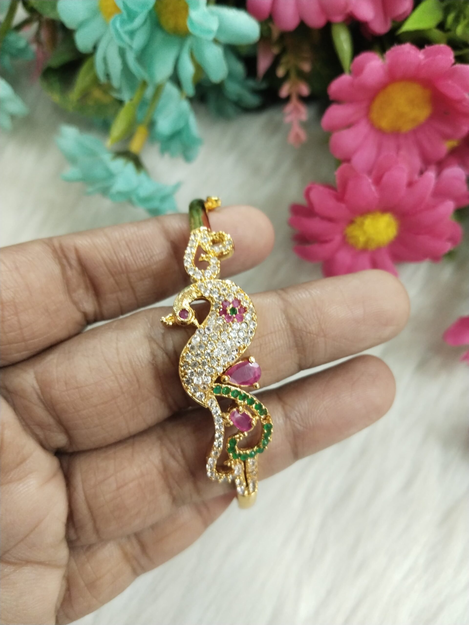Peacock-Inspired Gold-Plated Bangle with CZ, Ruby & Emerald Stones