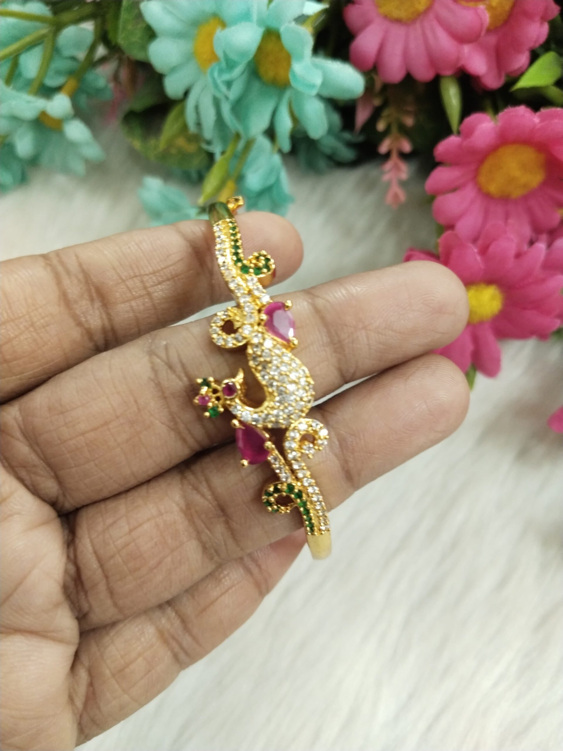 Gold-Plated Floral Kada Bracelet with Pink & Green Stone Inlay for Women