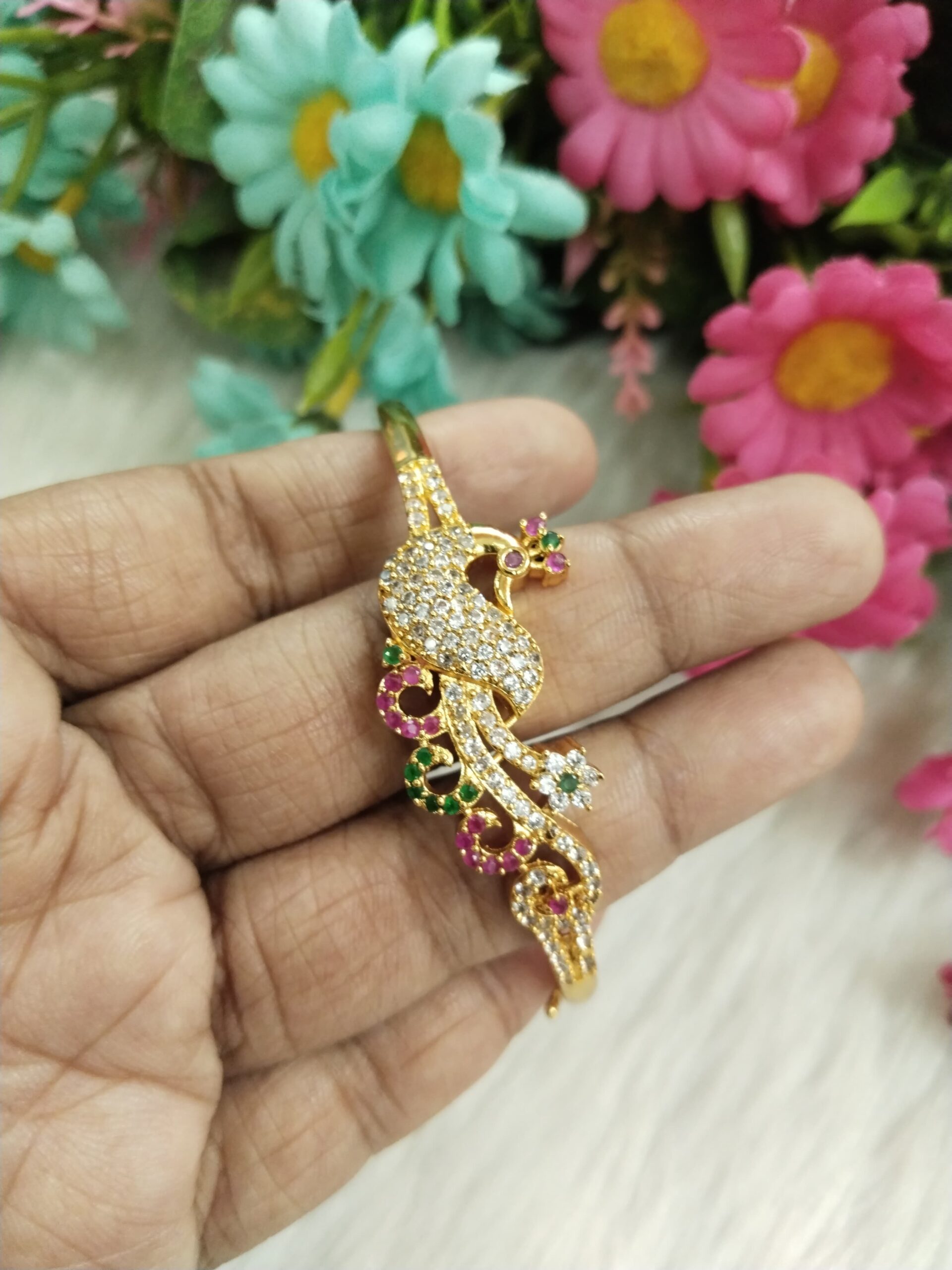 Gold-Plated Peacock Design CZ Stone Bangle for Women