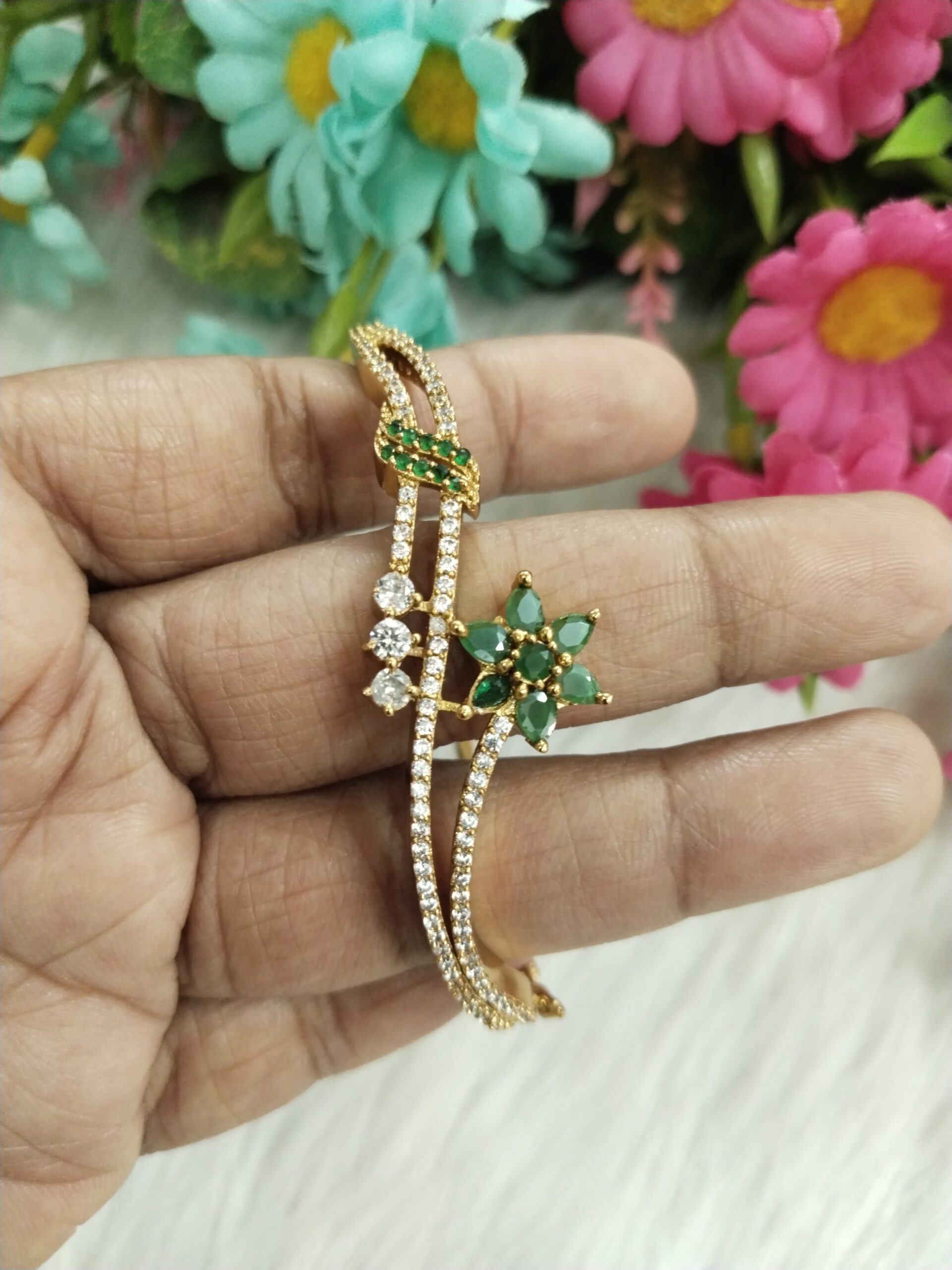 Gold-Plated Green Floral CZ Stone Bangle for Women
